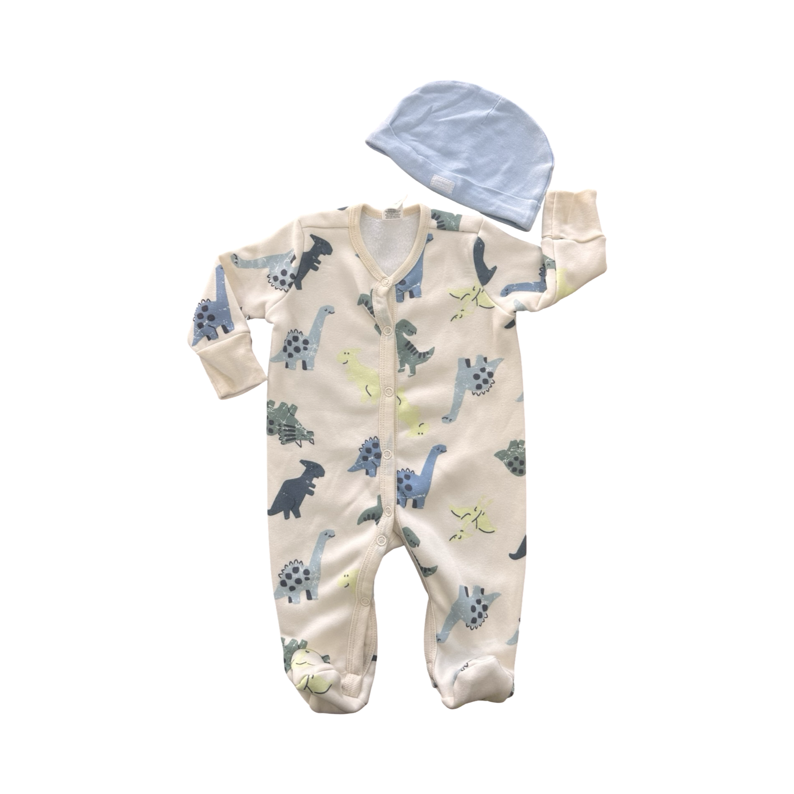 0-3M Cream Dinosaur Fleece Onesie & Beanie - Tiny Tots