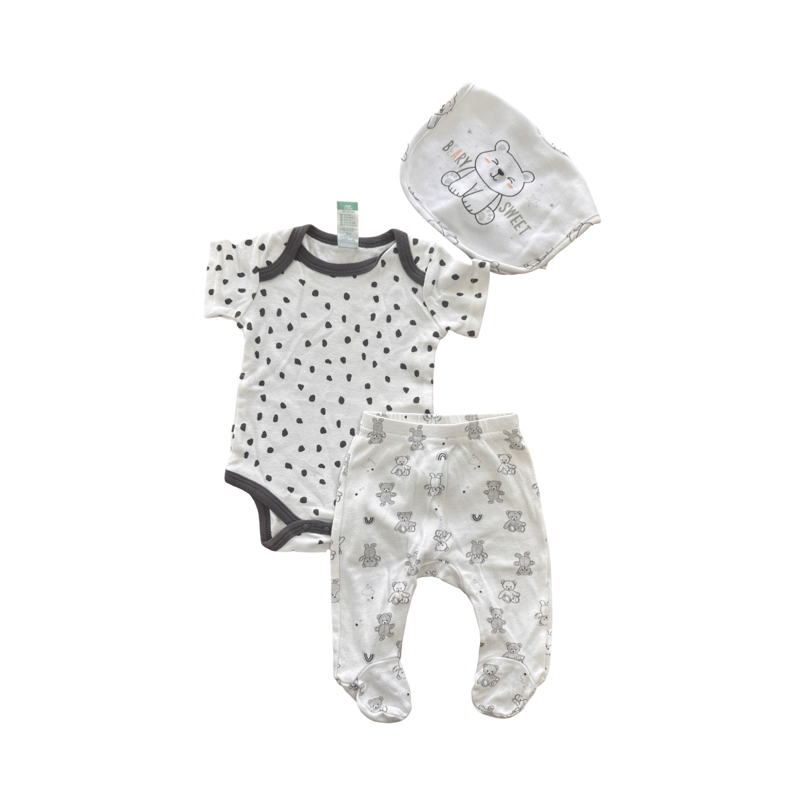 Newborn 3pc Grey & White Bear Set with Bib - Ackermans