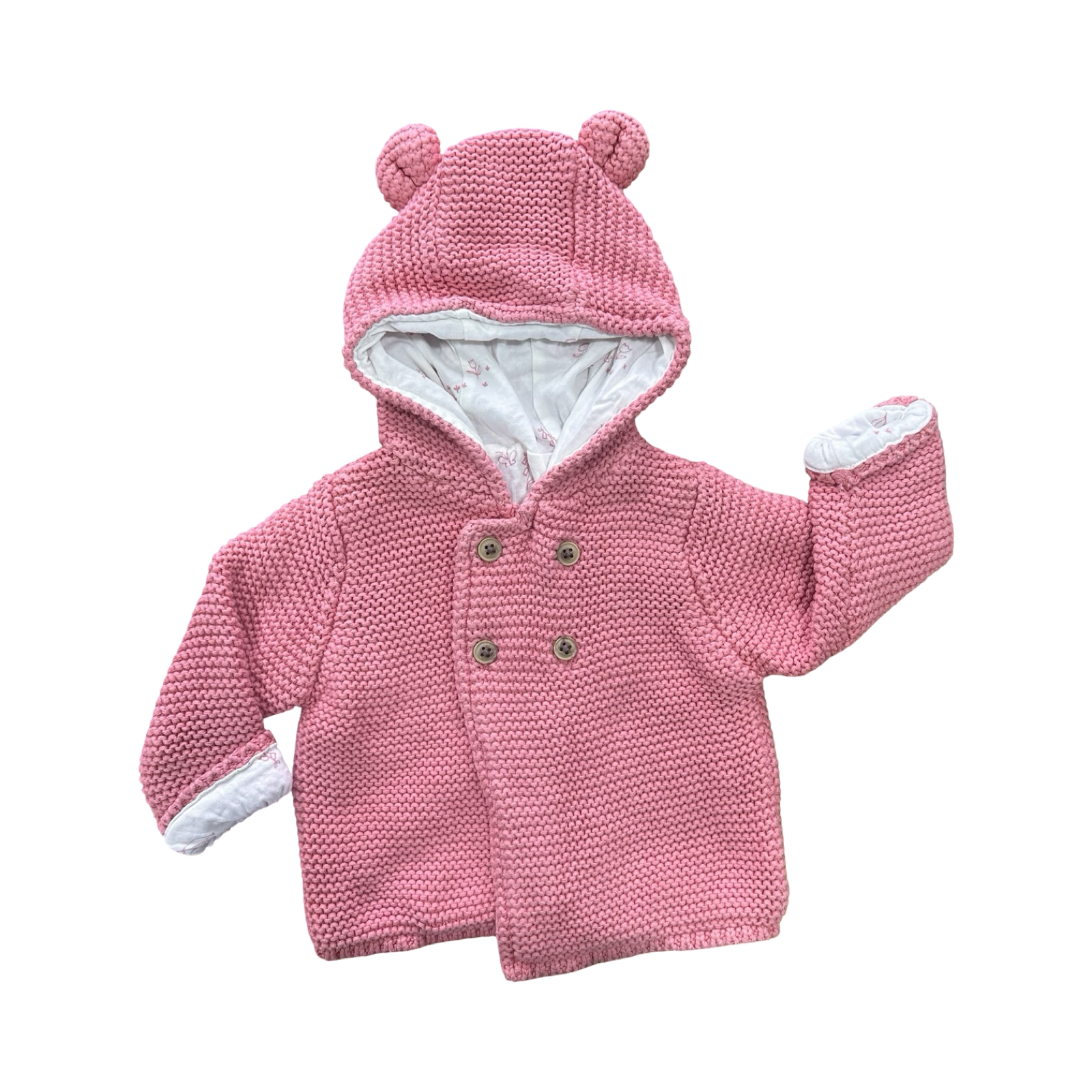 0-3M Pink Knitted Lined Double Breast Hoodie - M & S
