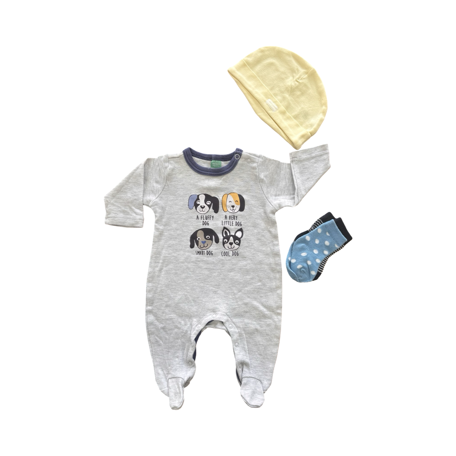 Newborn Grey & Blue Doggie Babygrow with Yellow Beanie + 2 Pair Socks - Ackermans