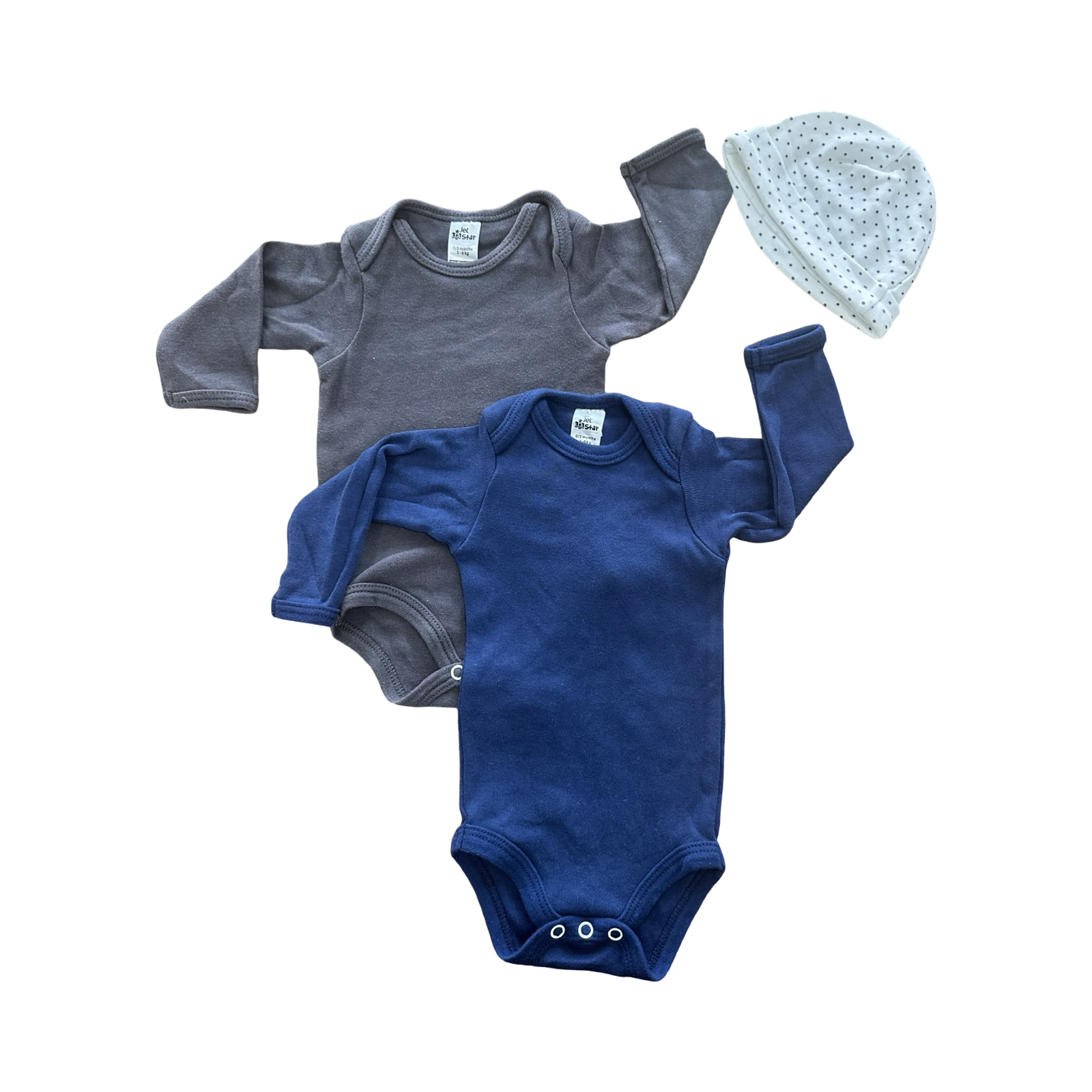 0-3M Grey & Blue Bodysuits with Polkadot Beanie - Jet