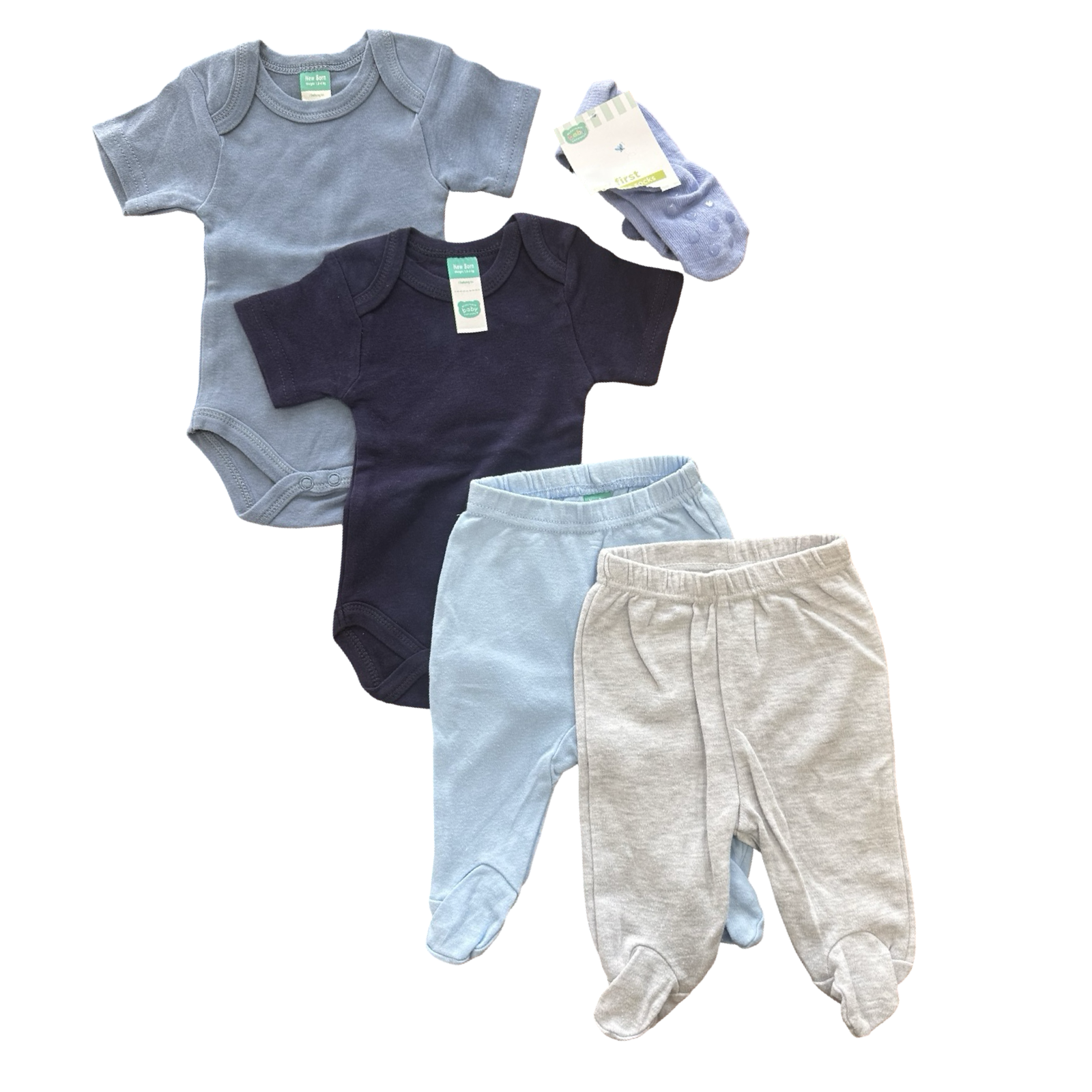 Newborn 4pc Blue & Grey Bodysiut & Footed Leggings Set + Socks - Ackermans