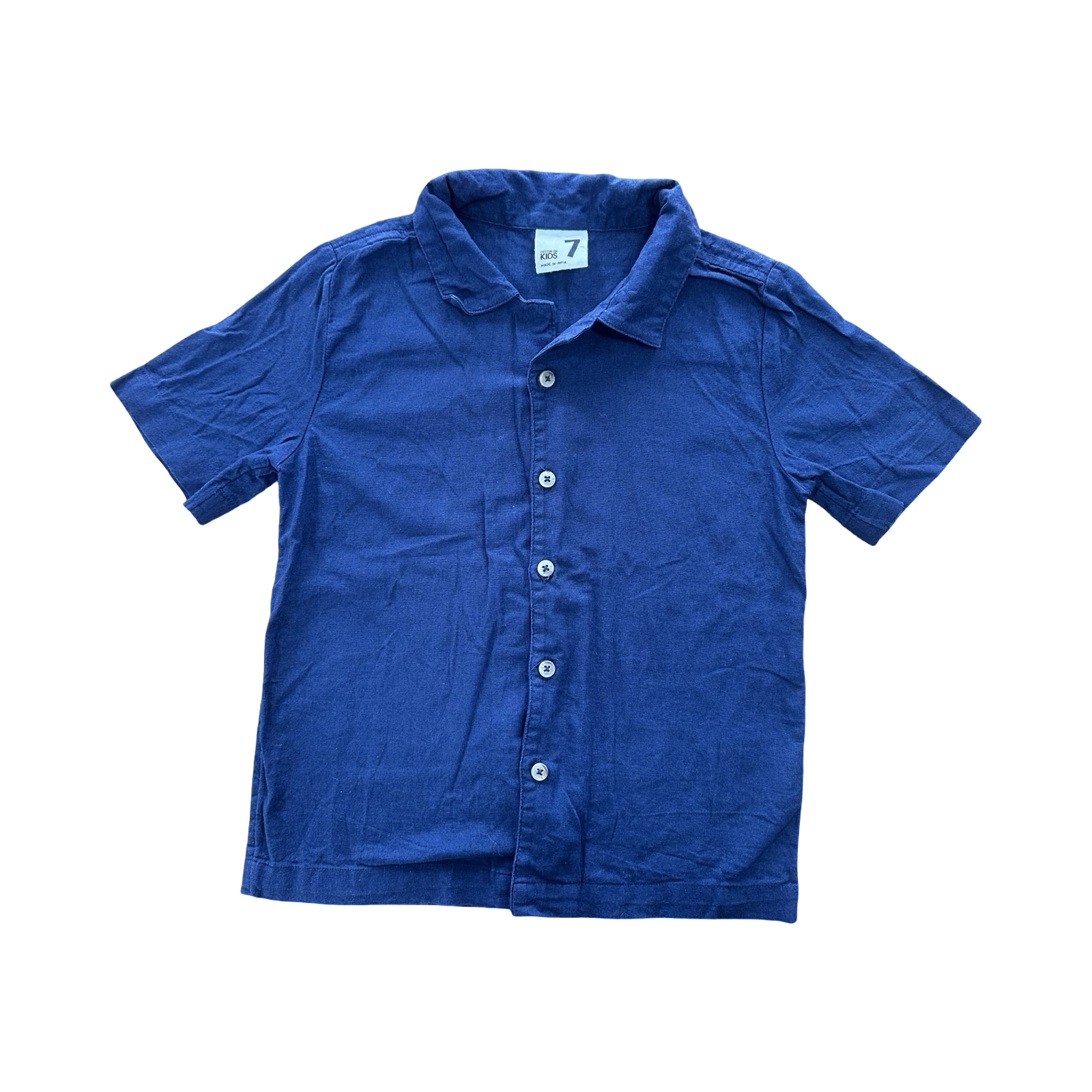 7Y Navy Cotton/Linen Buttoned Collar Short Sleeve Shirt - Cotton On