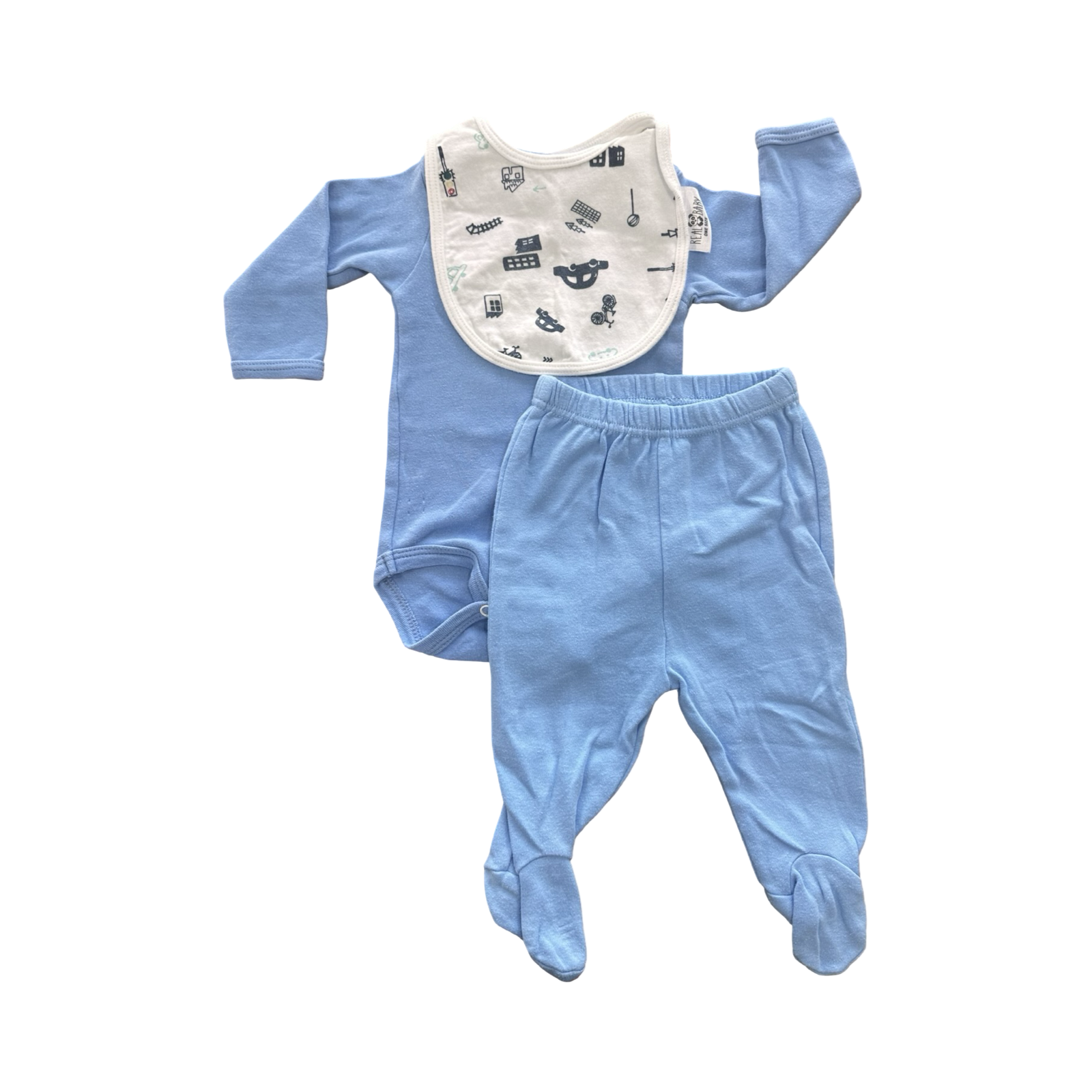 0-3M 3pc Blue Long Sleeve Set with Picture Bib - Ackermans