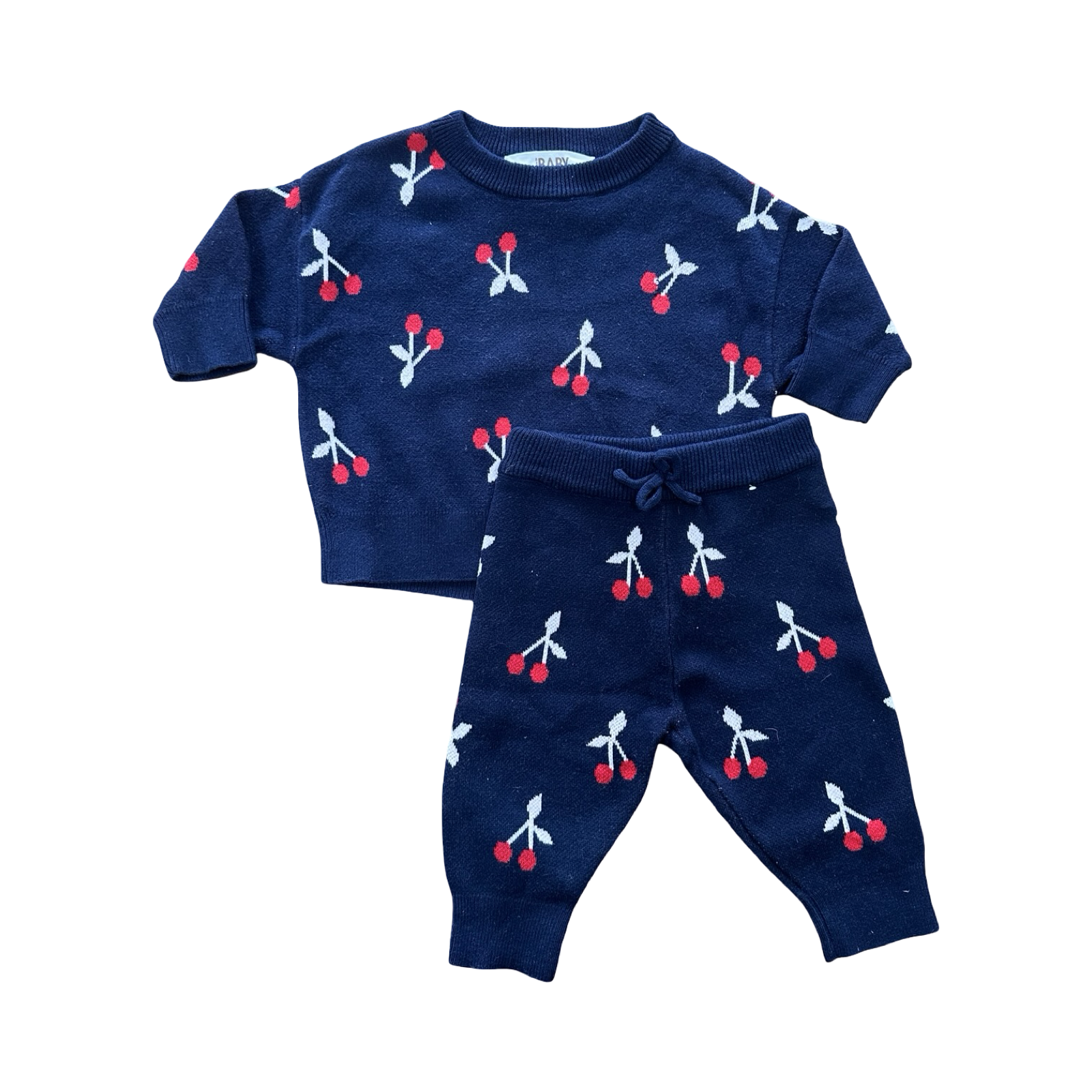 0-3M Navy Cherry Knitted 2pc Sweater Set - Cotton On