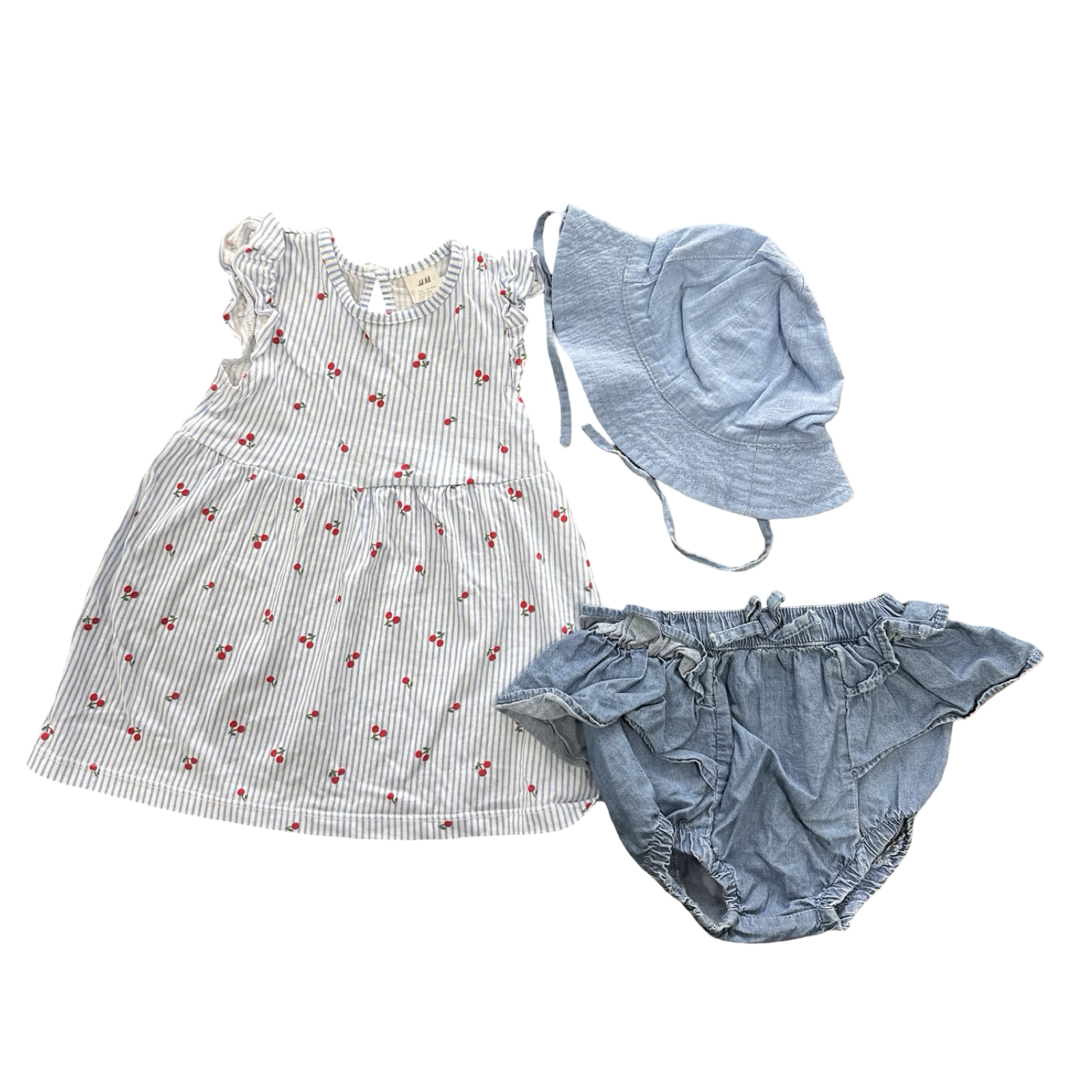 3-6M 2pc Blue & White Cherry Dress and Denim Bloomer + Hat - H & M / Woolworths