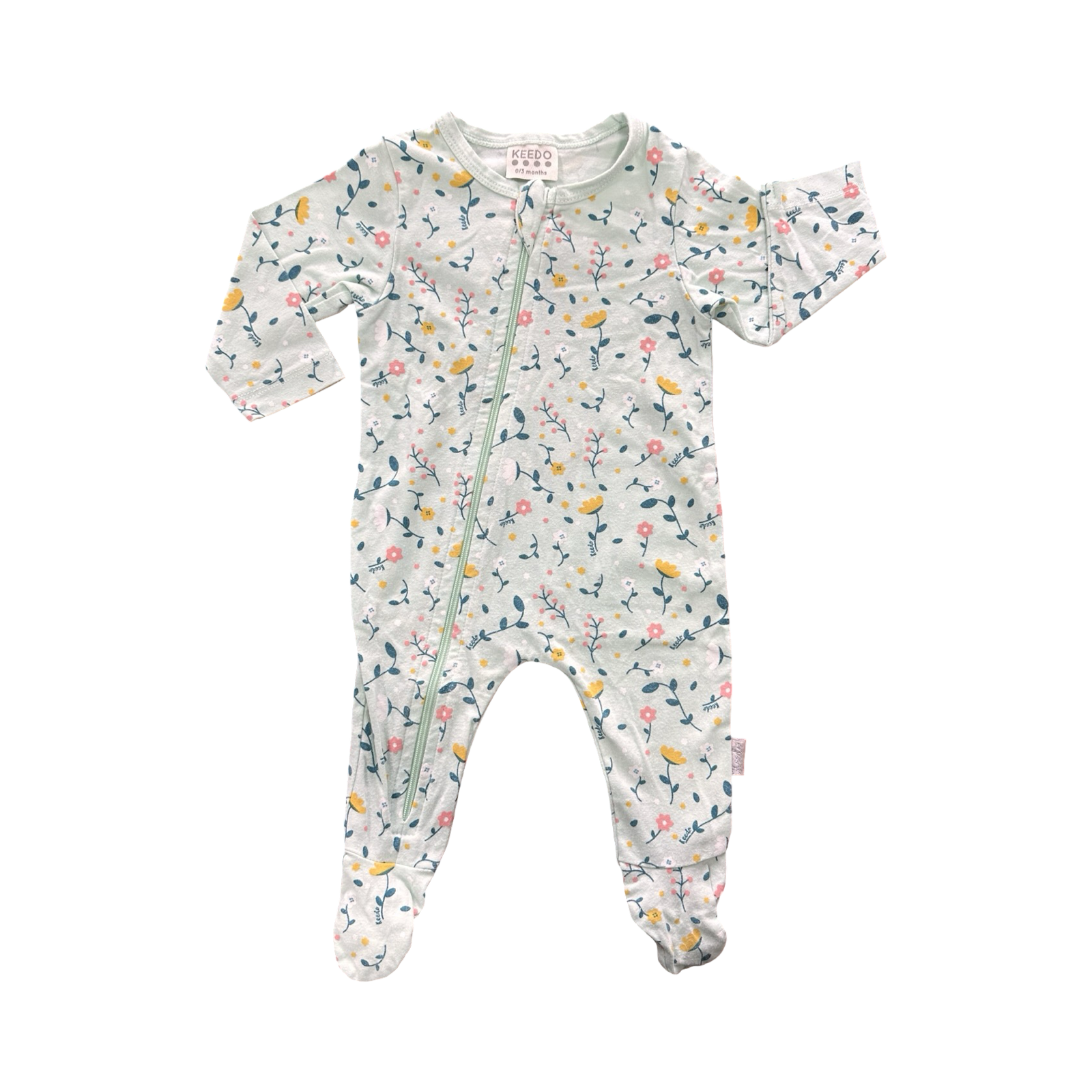 0-3M Green Floral Zipper Babygrow - Keedo
