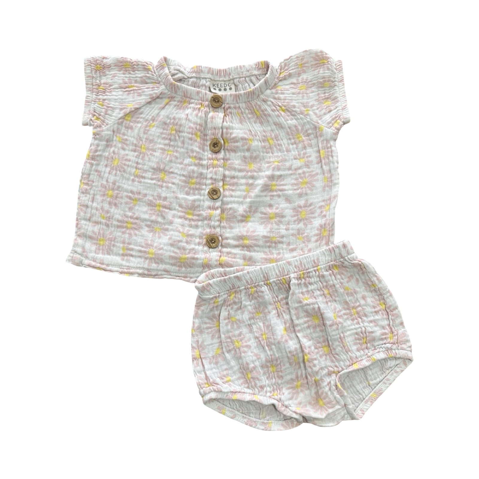 6-12M White & Pink Daisy Cotton 2pc Set - Keedo