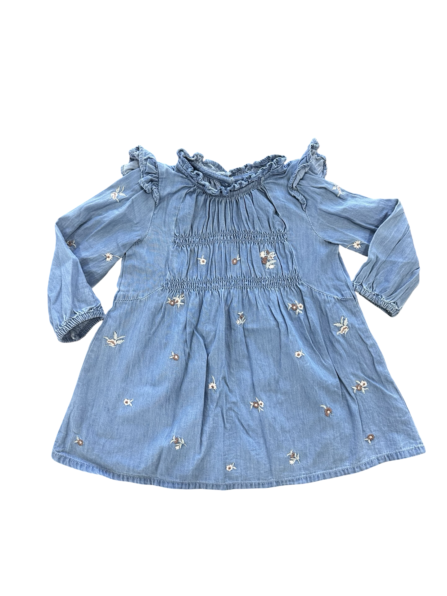 9-12M Chambray Dress with Flower Embroidery Detail