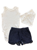 3-6M 3pc Vest Bodysuit with Denim Shorts & Bib - Garanimals/Woolworths