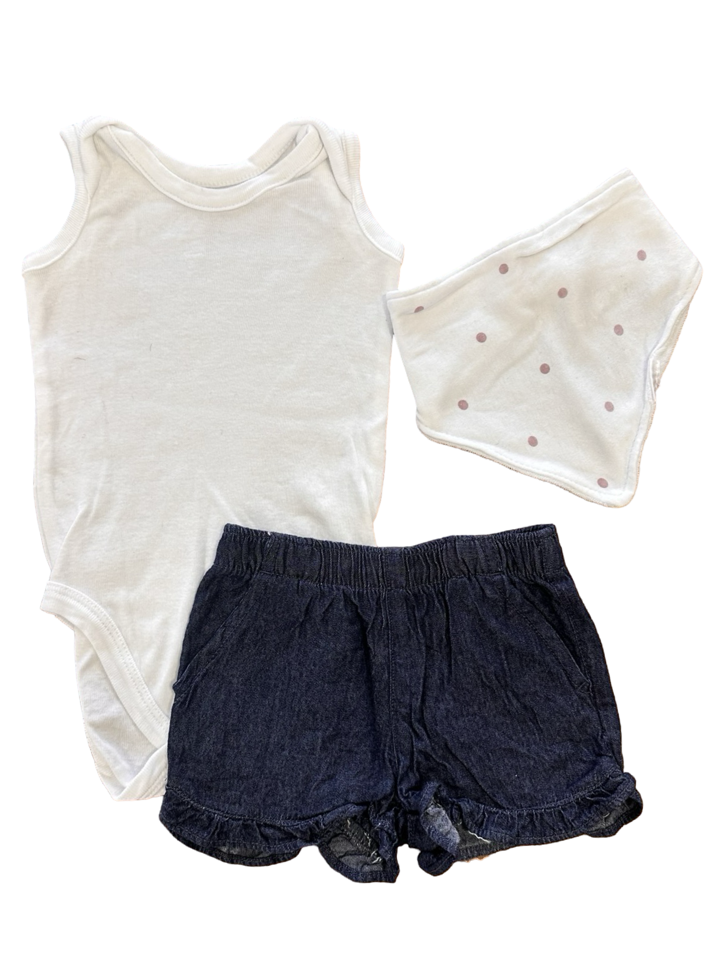 3-6M 3pc Vest Bodysuit with Denim Shorts & Bib - Garanimals/Woolworths