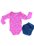 6-12M Pink Butterfly Long Sleeve Bodysuit with Blue Bib - Ackermans / Woolworths