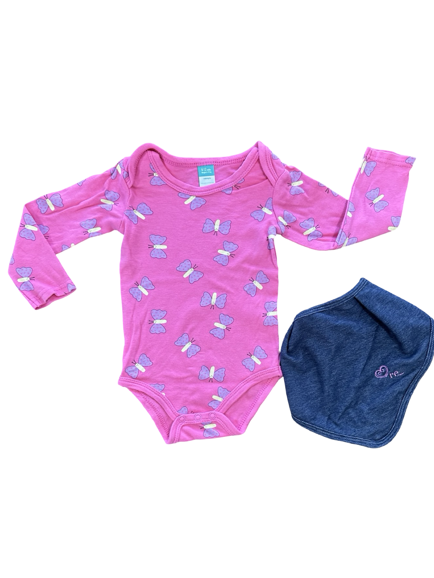 6-12M Pink Butterfly Long Sleeve Bodysuit with Blue Bib - Ackermans / Woolworths