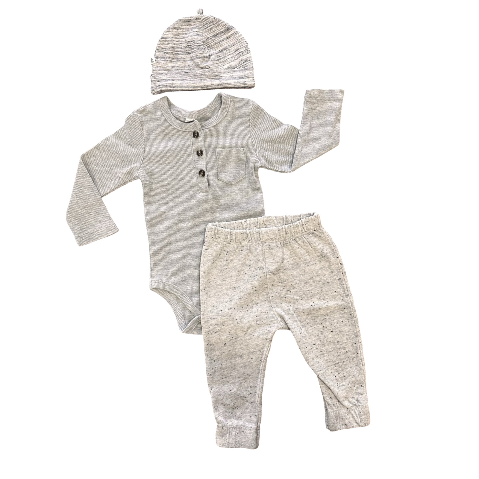 6-12M Grey 3pc Bodysuit & Jogger Set with Beanie - Clicks / LC Waikiki