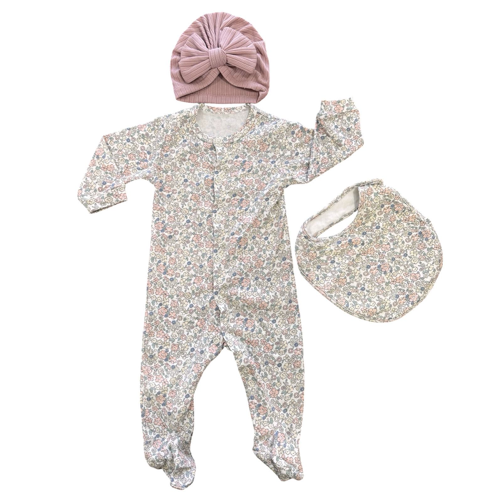 3-6M Floral Cotton Snapper Babygrow with Bub & Turban - Woolworths