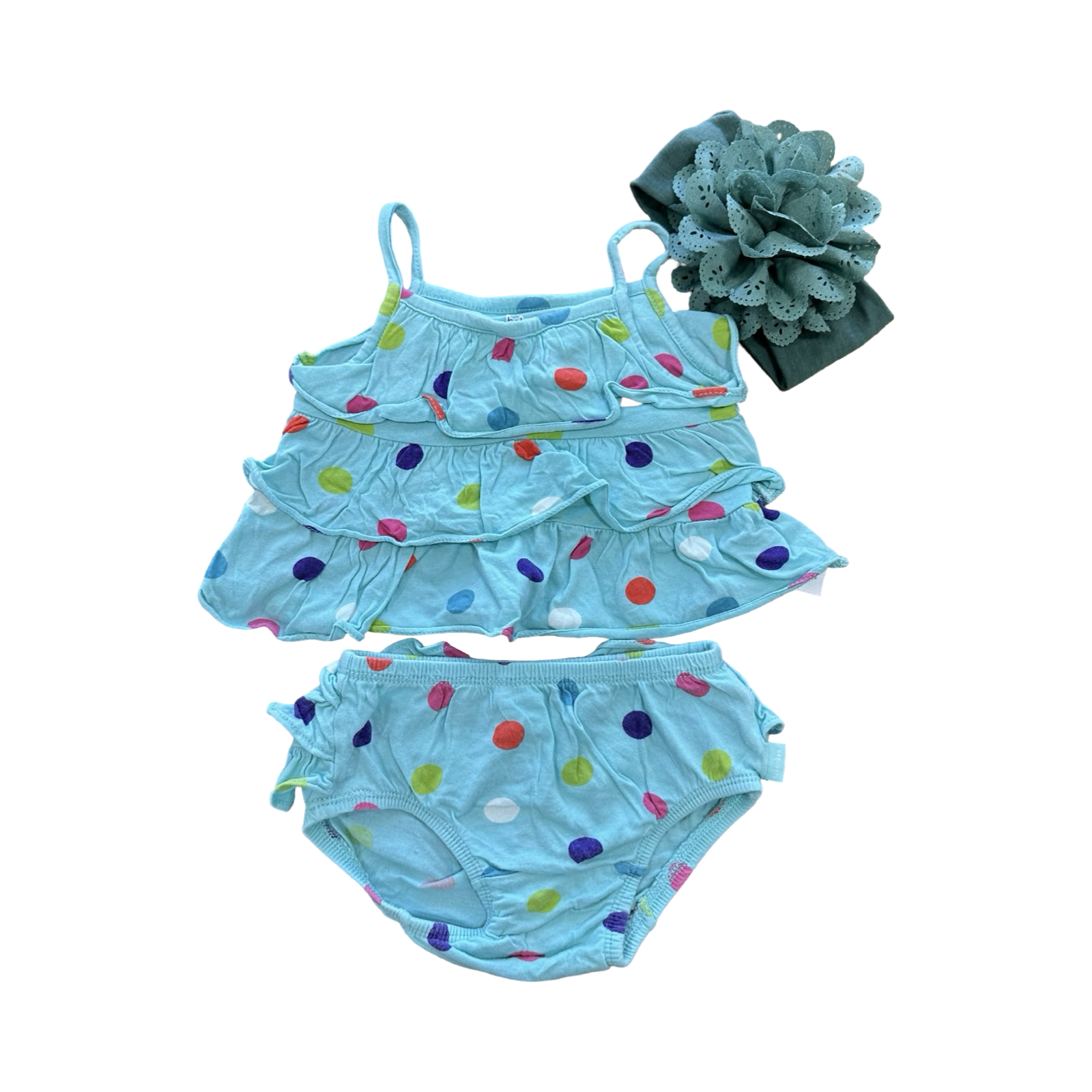 3-6M 2pc Blue Multicolour Polkadot Frill Summer Set with Headband - Baby Gap