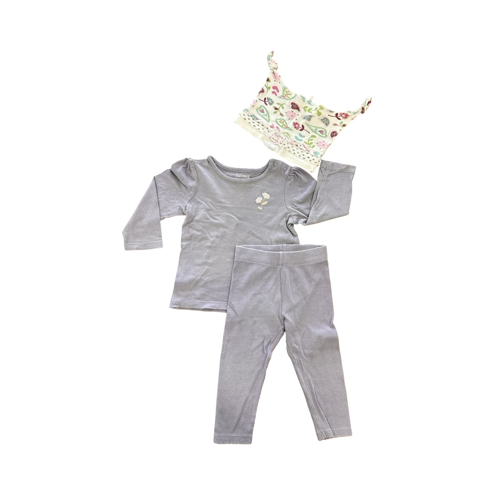 6-9M 3pc Purple Long Sleeve Set with Floral Beanie - Nutmeg / Naartjie