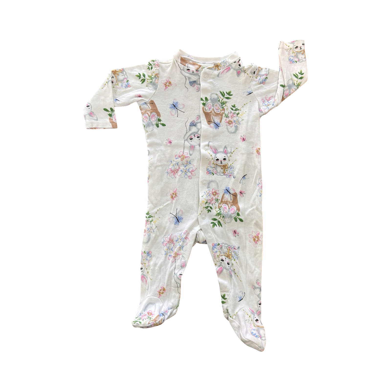 0-3M White Bunny & Floral Snapper Babygrow - Cuddlesome