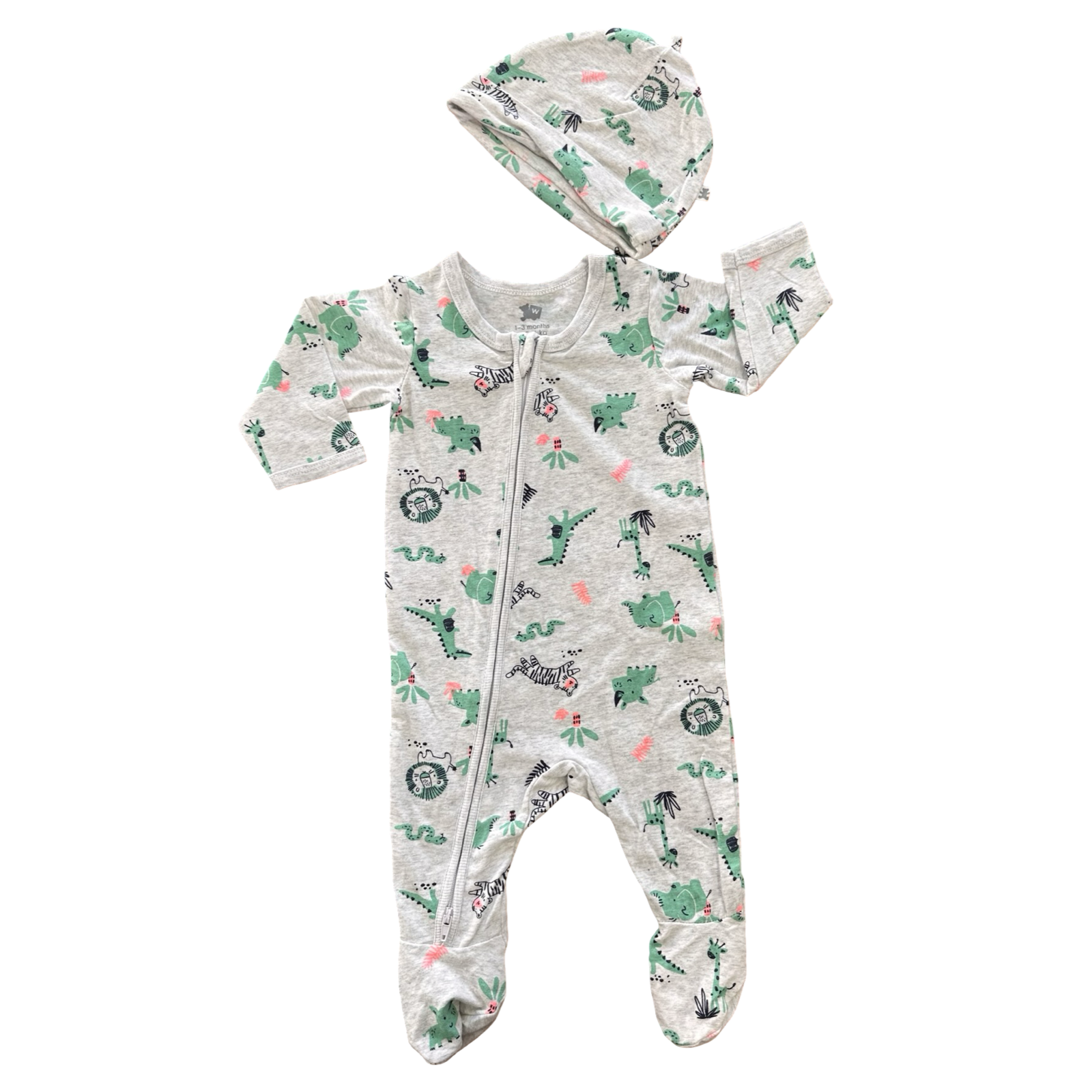 1-3M Grey Wild Animal Zipper Babygrow & Beanie - Woolworths