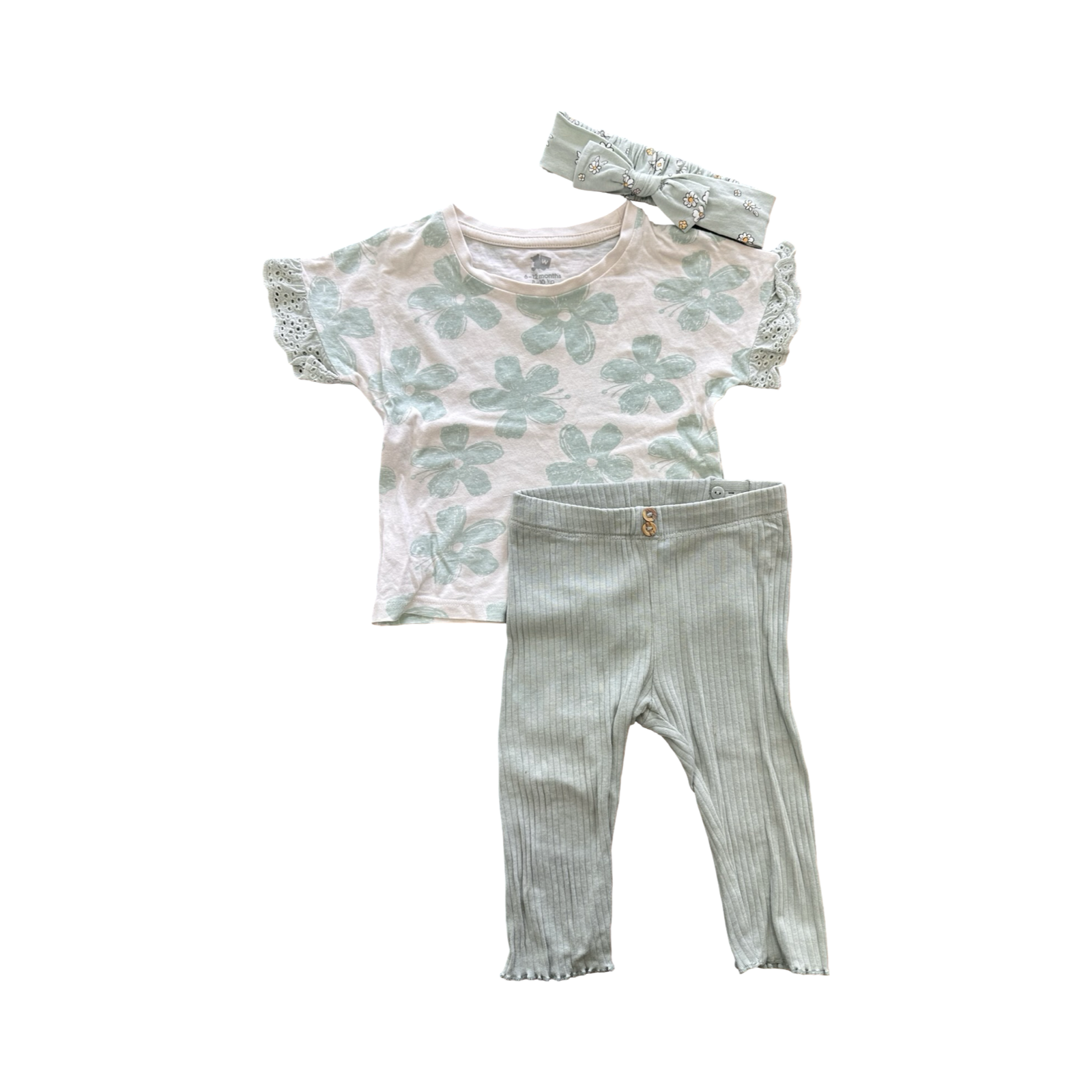 6-12M 3pc Green & Cream Floral Set with Leggings, Top & Headband - Woolworths / H & M