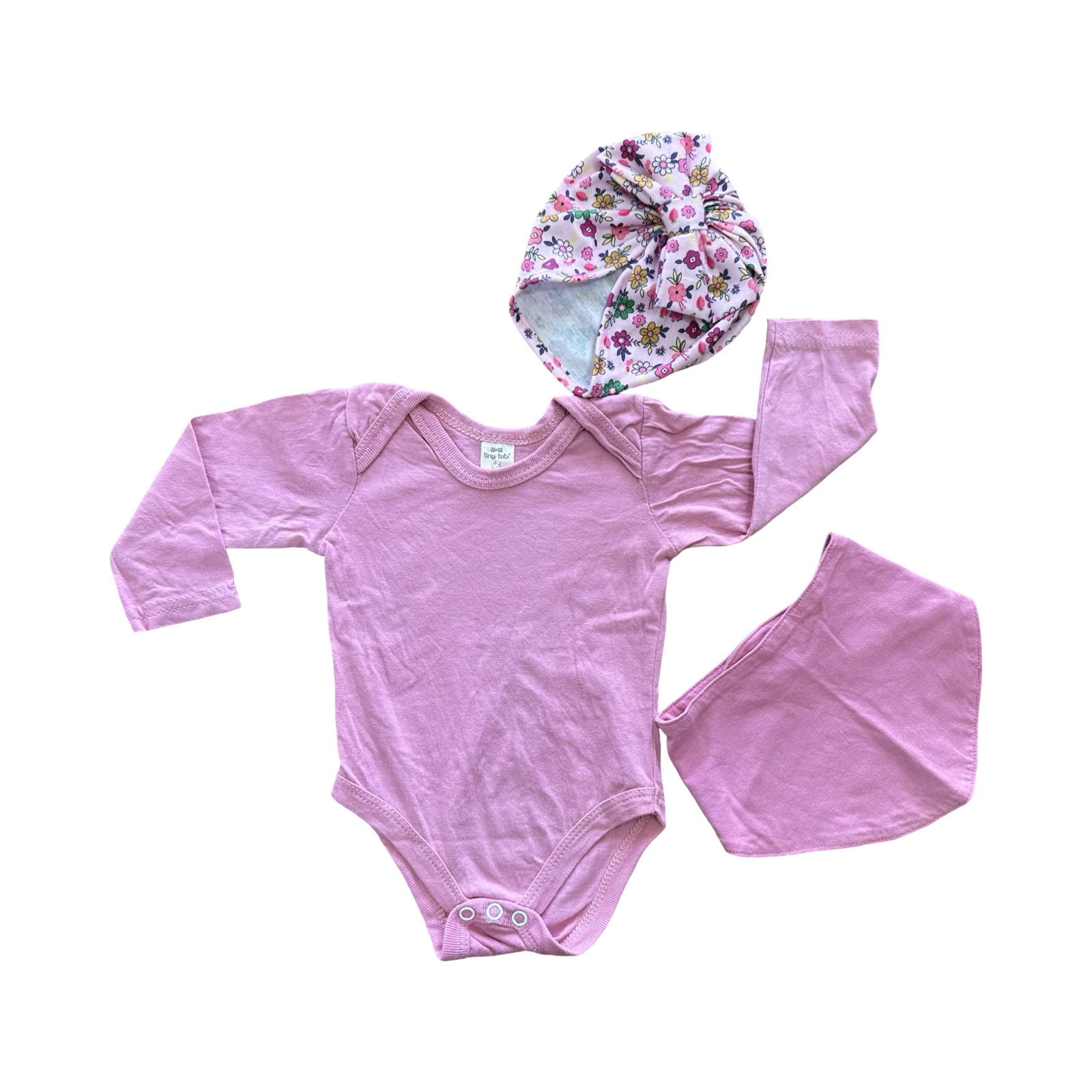 0-3M 3pc Pink Bodysuit, Floral Turban and Bandana Bib - Woolworths / Tint Tots