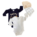 Newborn 4pc Navy Happy Camper & White Bodysuit Set with 2 Beanies - Keedo / OneTwoThree