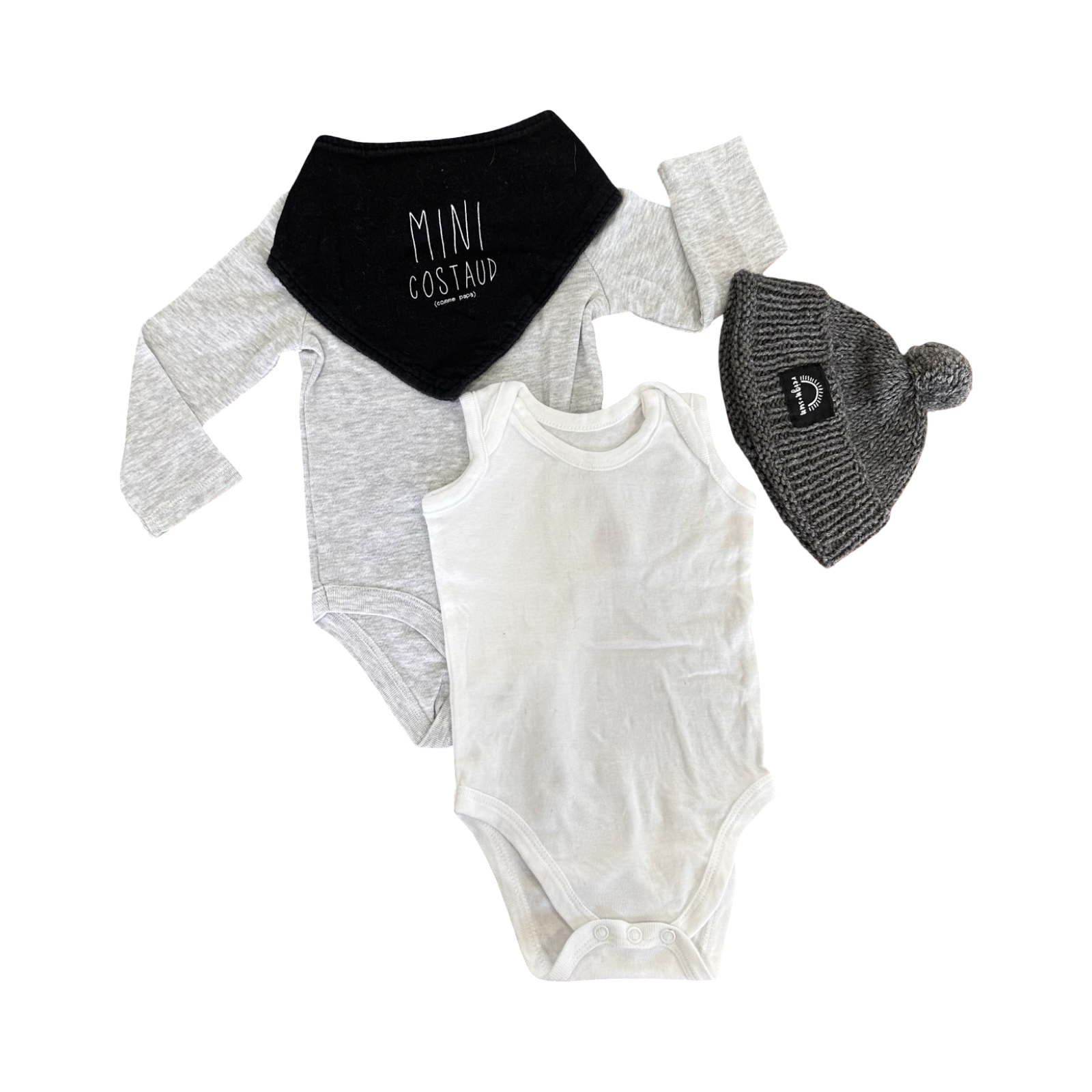 3-6M 4pc Grey & White Bodysuits with Beanie & Bandana Bib - Woolworths / LC Waikiki