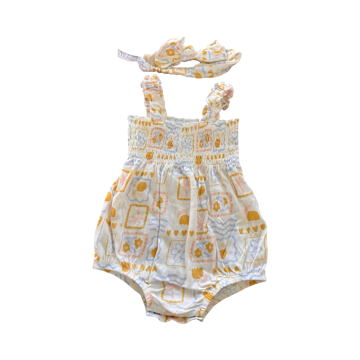 3-6M Blue, Pink & Yellow Elastic Chest Romper with Headband - Woolworths