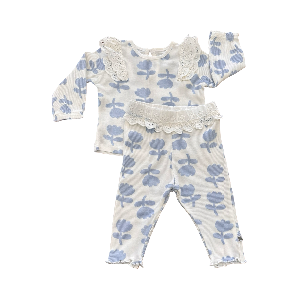3-6M Blue & White Ribbed Floral 2pc Set with Lace Detail - Woolworths