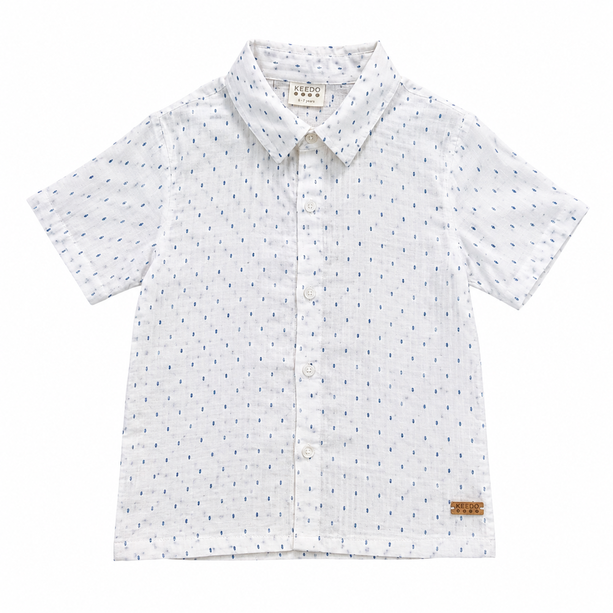 6-7Y White & Blue Short Sleeve Button & Collar Cotton Shirt - Keedo
