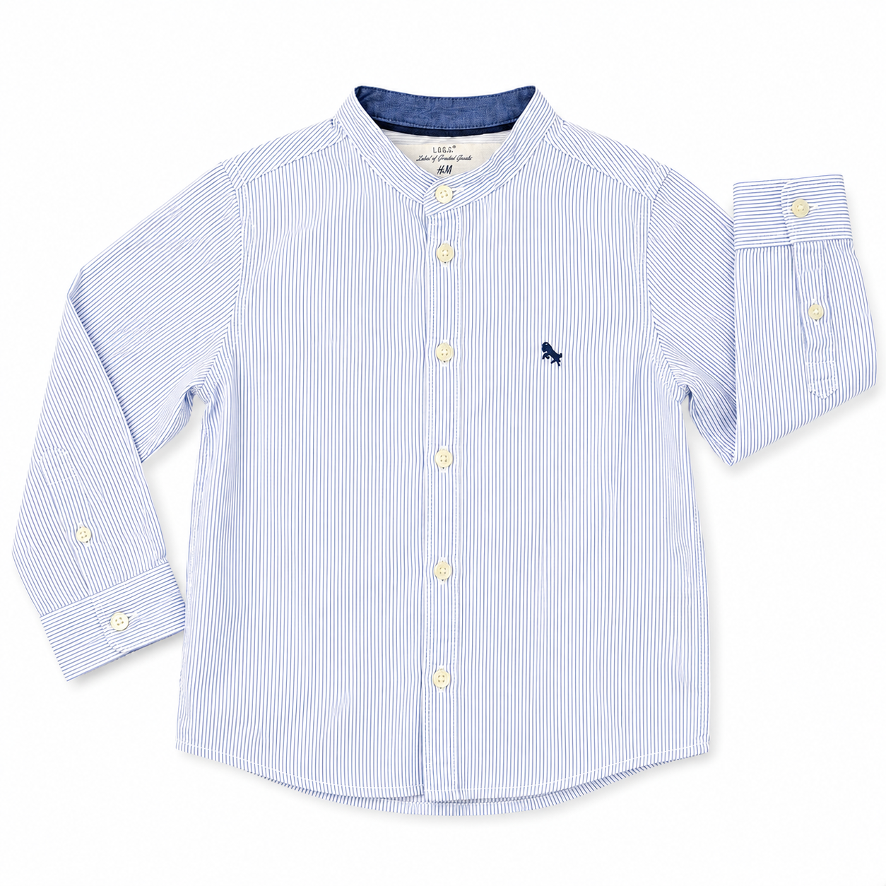 3-4Y Blue & White Stripe Mandarin Collar Buttoned Shirt - H & M