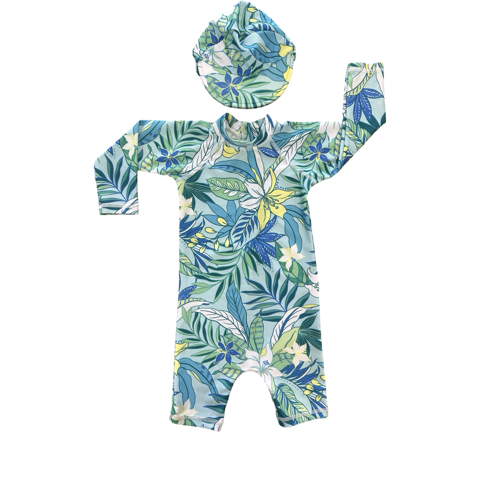 6-12M Greeb & Blue Girl's Tropical Zip Swimsuit Long Sleeve with Hat - Woolworths