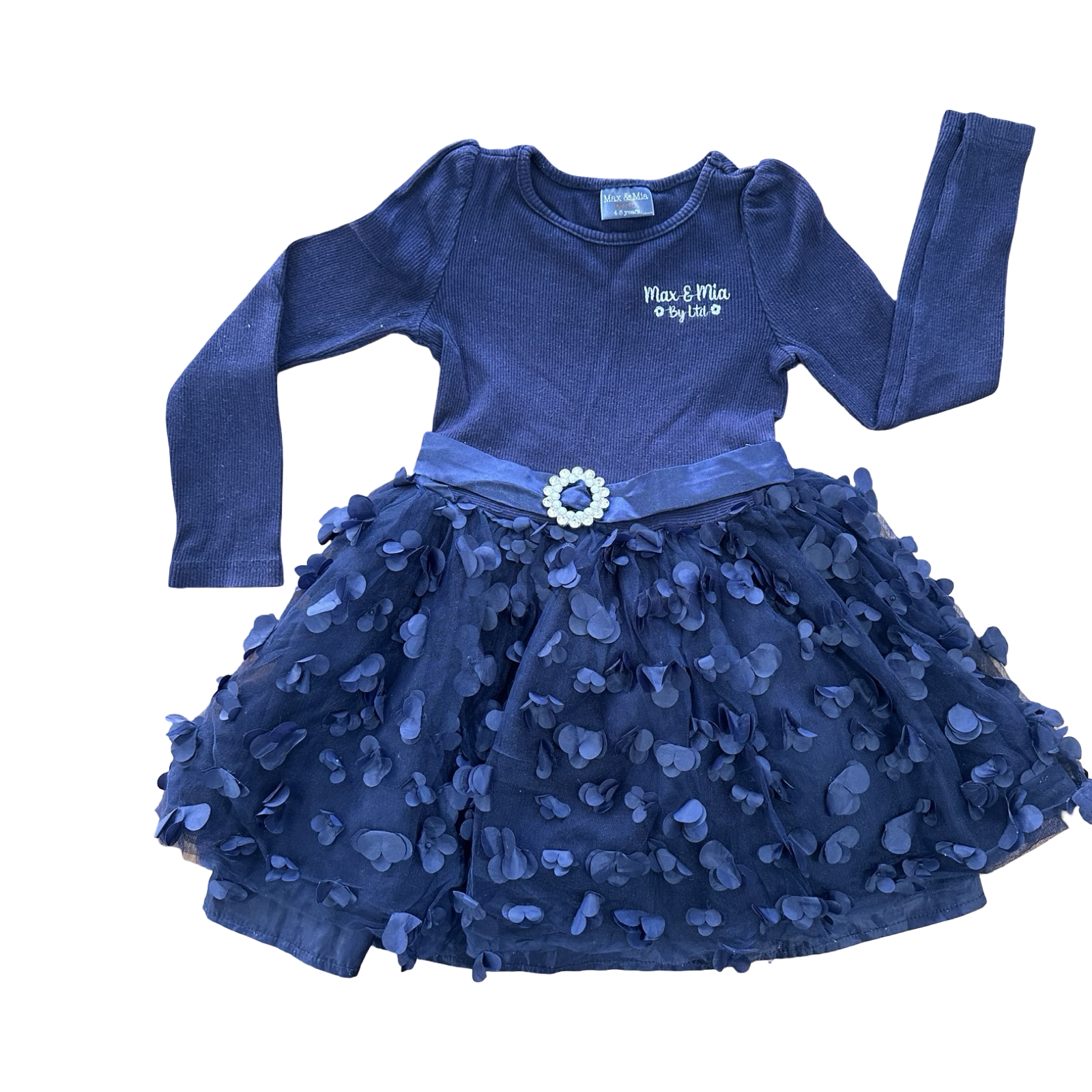 4-5Y Navy Ribbed Dress with Tulle Skirt and 3D Flowers - Max & Mia