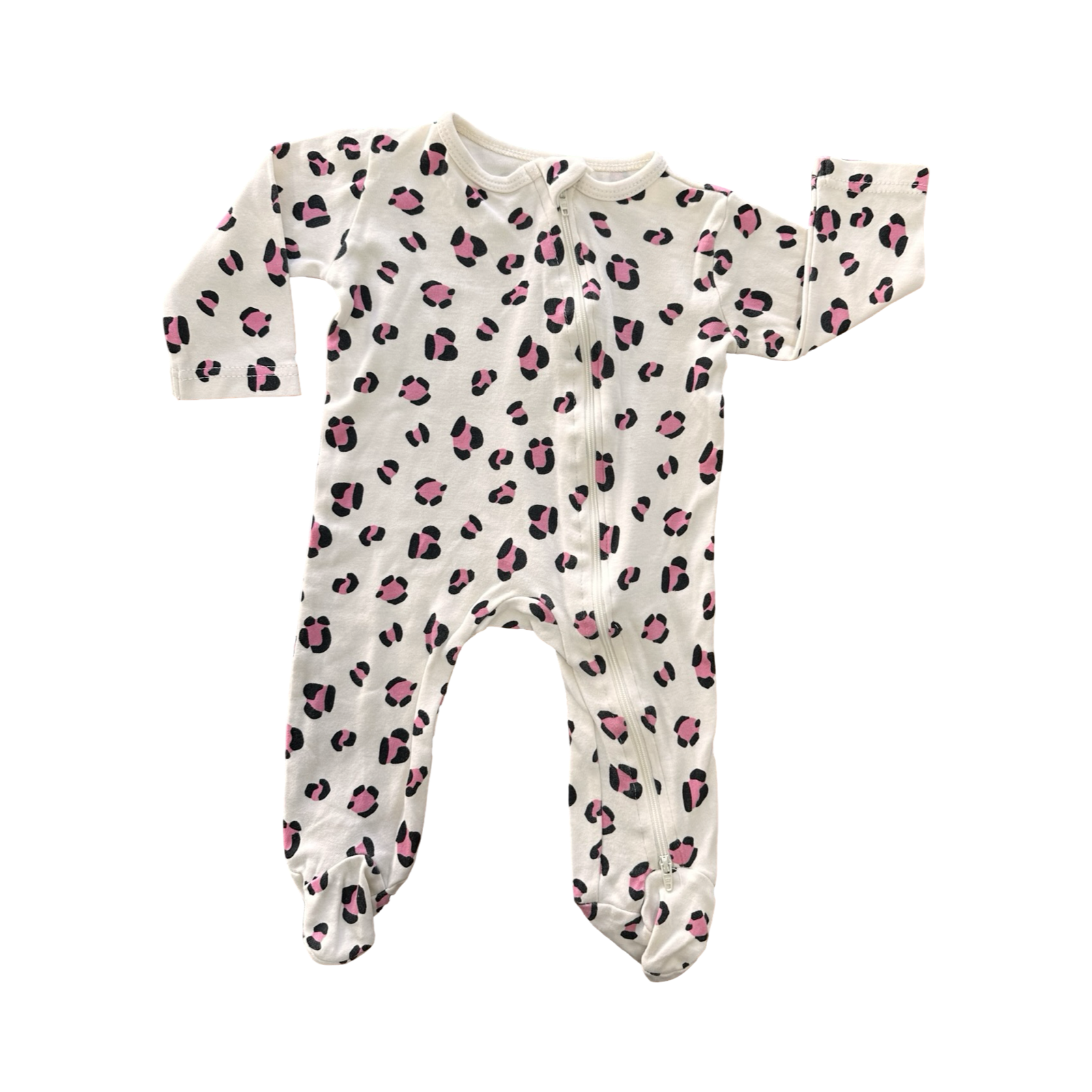 3-6M Cream, Pink & Black Leopard Size Zip Babygrow - Tiny Tots