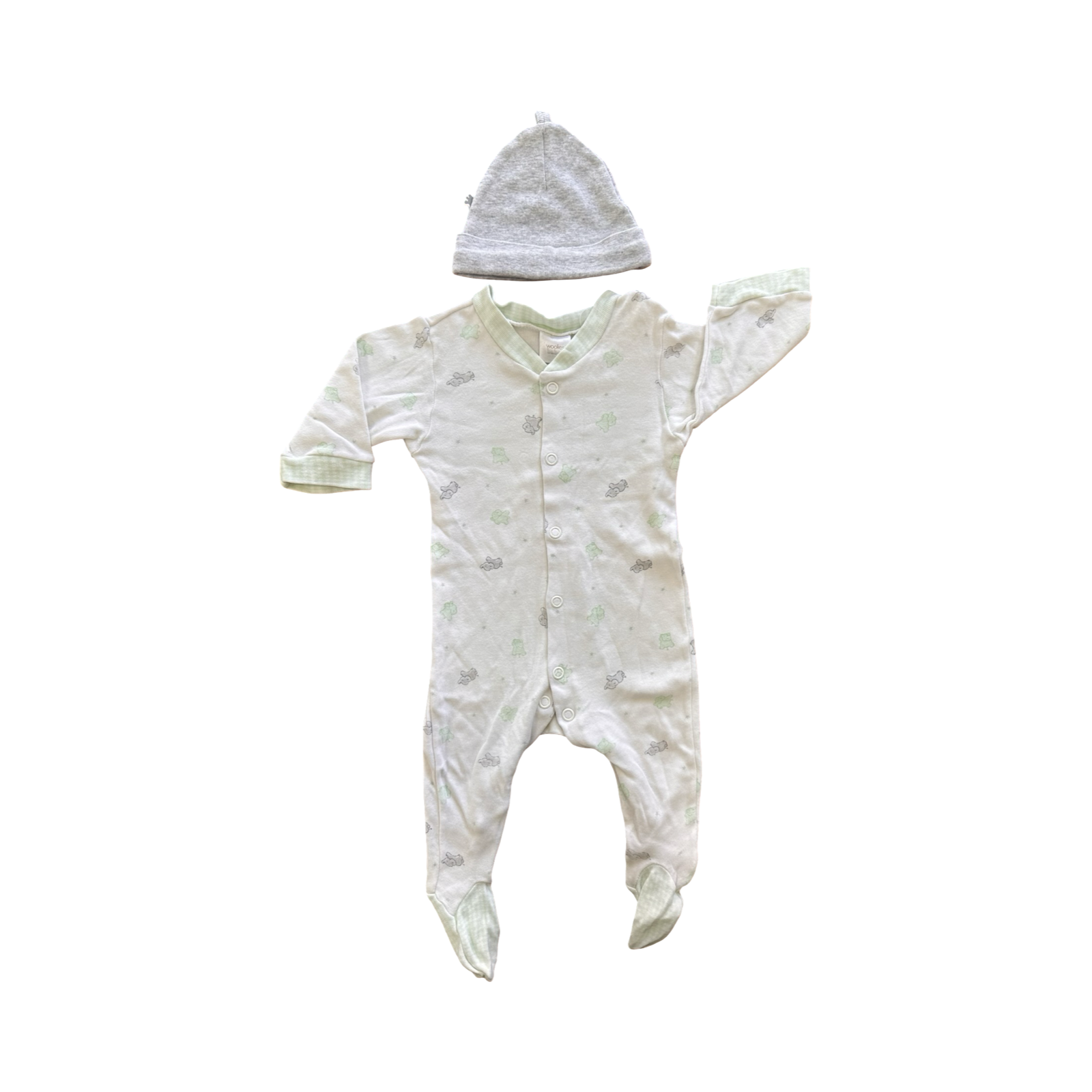 Newborn White & Green Elephant Cotton Babygrow with Beanie - Woolworths