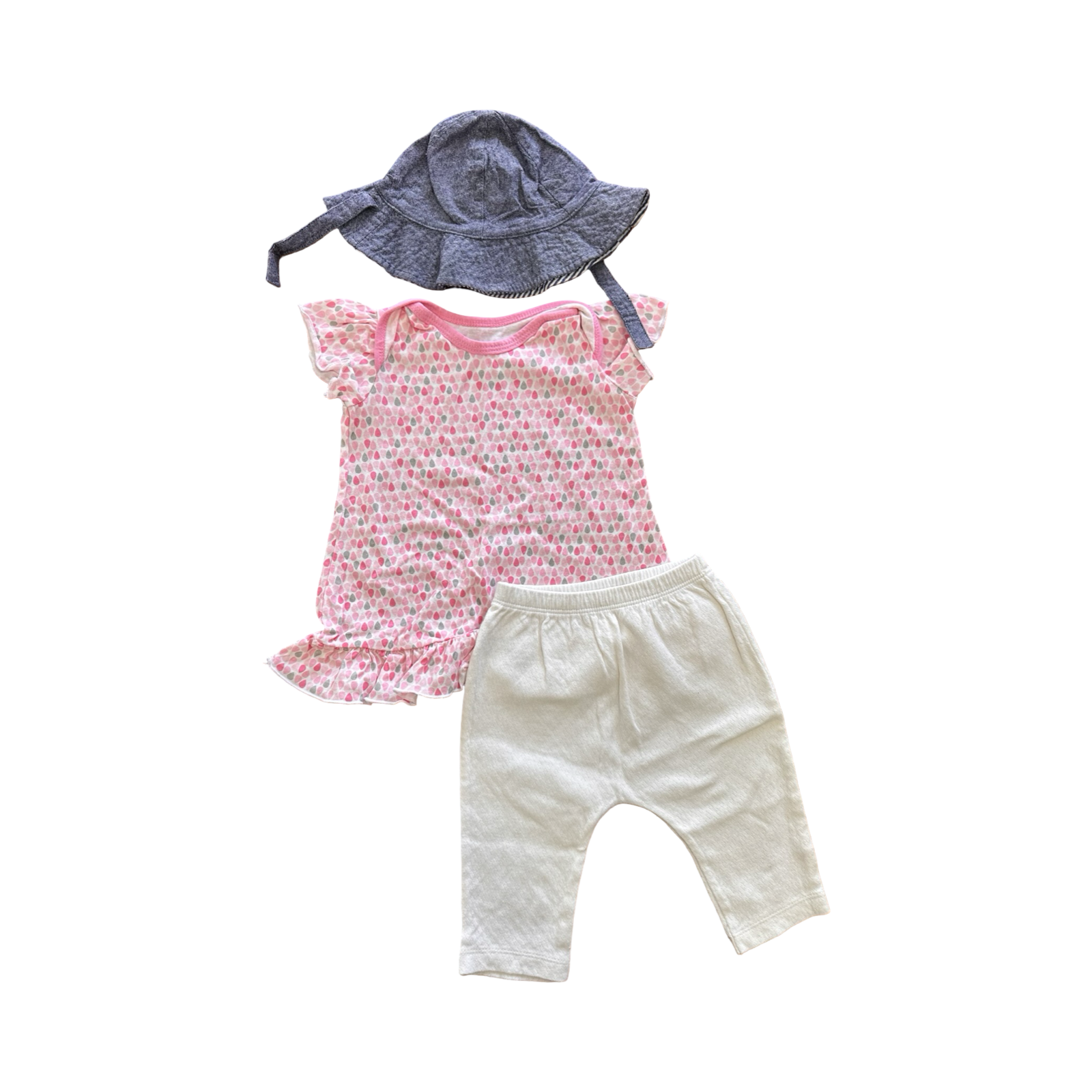 3-6M White & Pink Cotton 3pc Girl's Set with Sun Hat - Woolworths