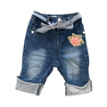 6-12M Blue Denim Look Cotton Stretch Pants with Stripe Belt - Ackermans