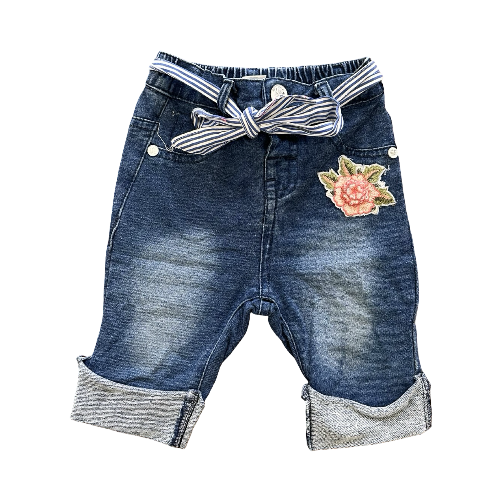 6-12M Blue Denim Look Cotton Stretch Pants with Stripe Belt - Ackermans