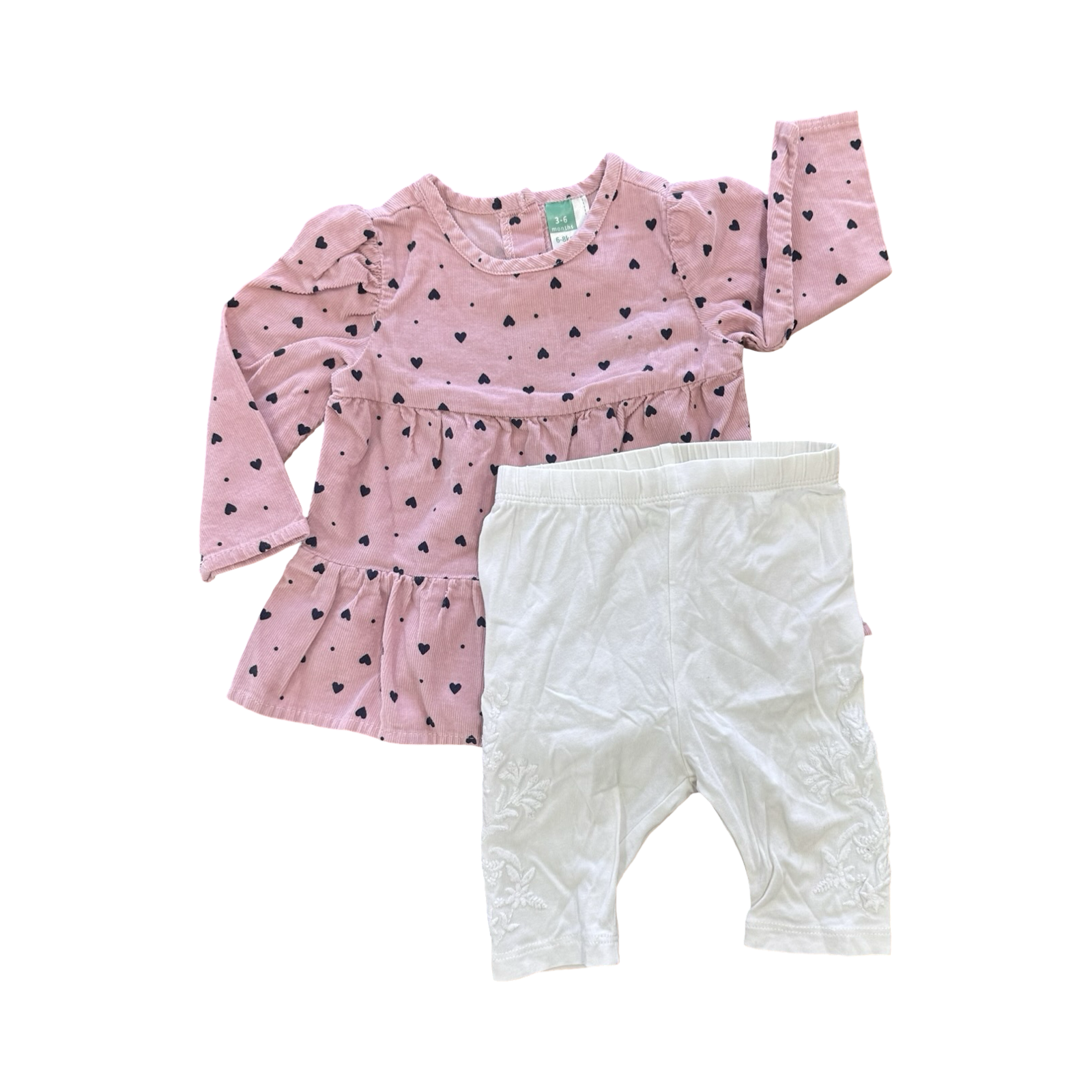 3-6M Pink & Black Corduroy Long Sleeve Top with 3/4 White Leggings with Embroidery Detail - Woolworths / Ackermans