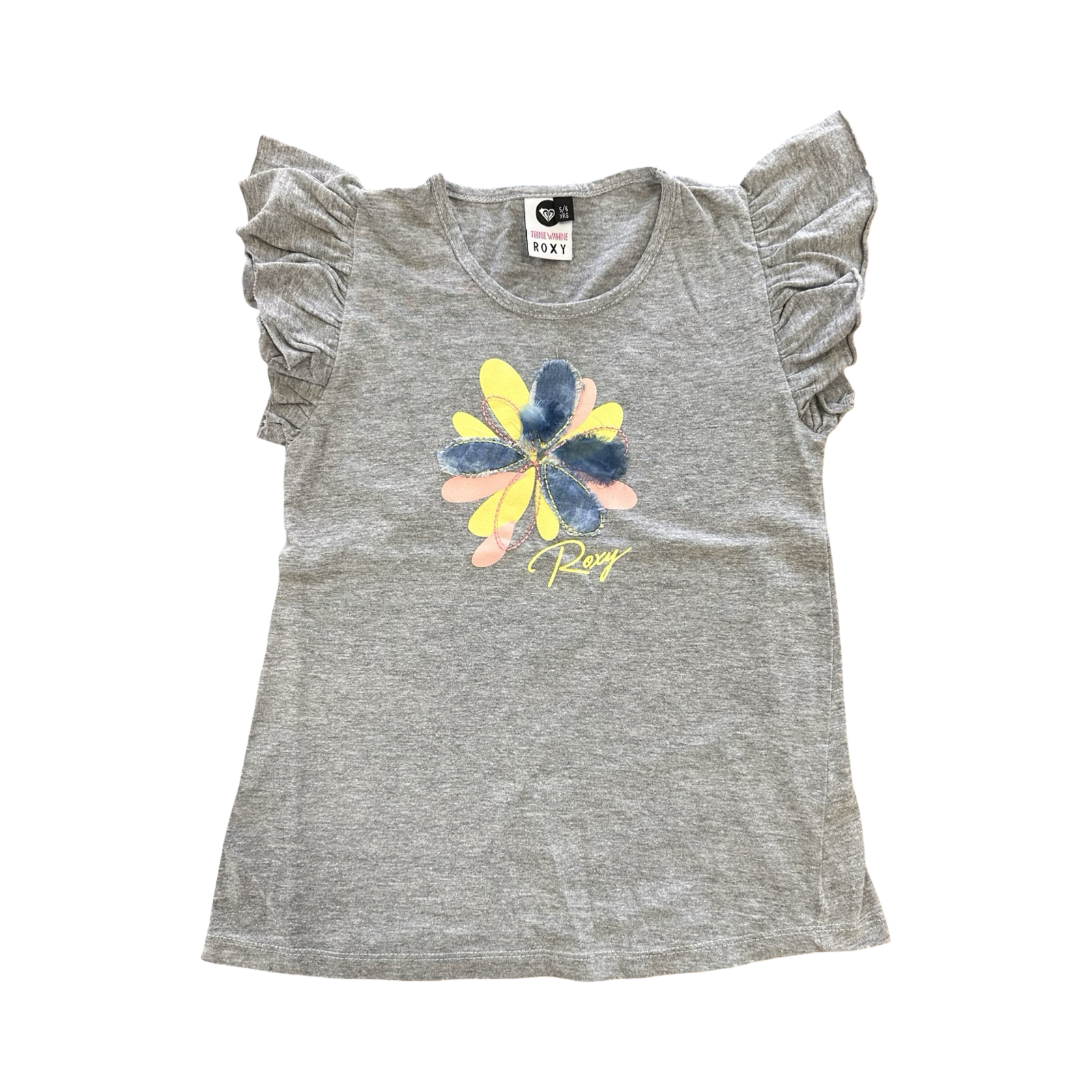 5-6Y Grey Melange Top with Frill Sleeves - Roxy