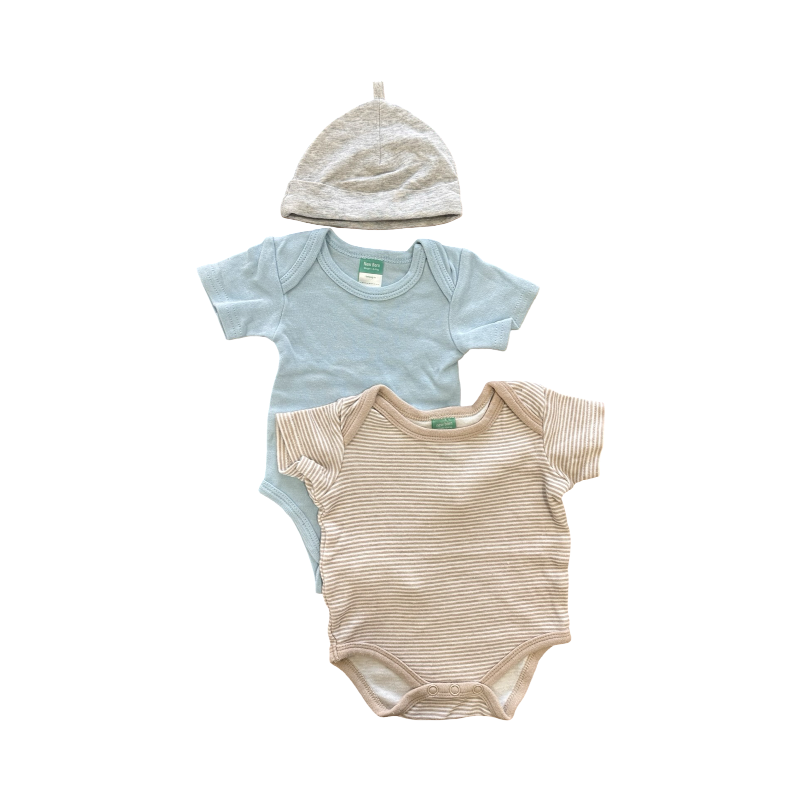 Newborn 3pc Blue & Beige Stripe Bodysuits with Grey Beanie - Ackermans