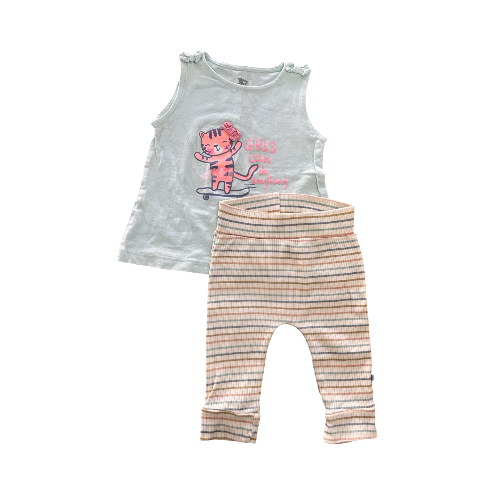 6-12M 2pc Printed Sleeveless Top and Ribbed Striped Pants - Woolworths
