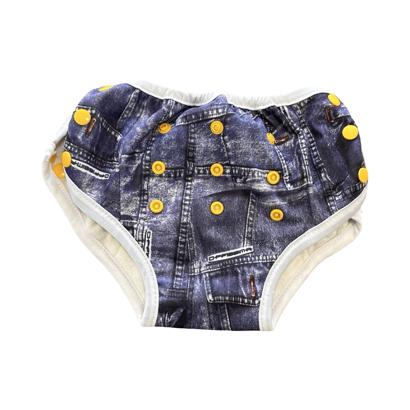 One Size Blue & White Denim Design Reusable Cloth Nappy with Yellow Snappers (No Inserts) - bam+boo