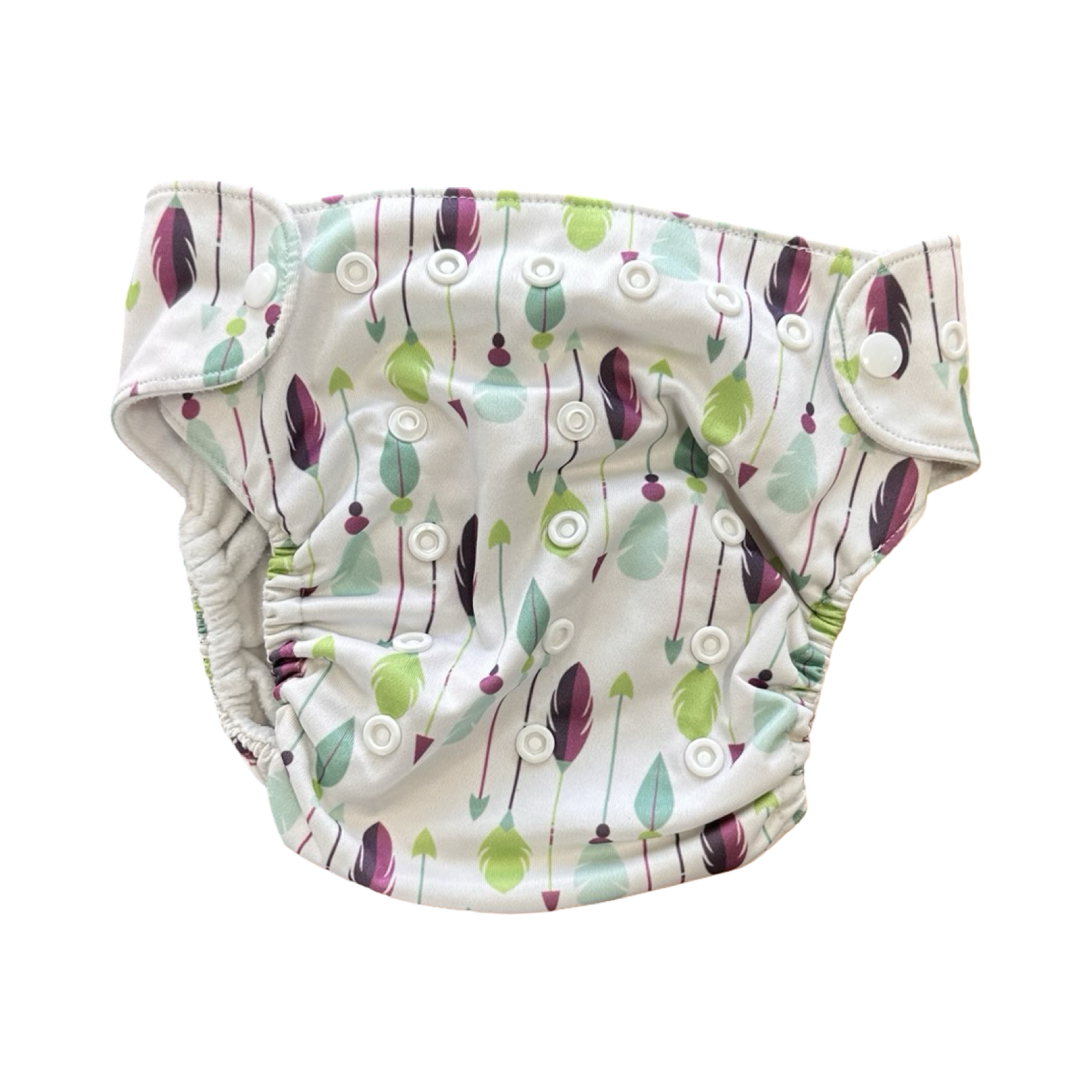 One Size White, Purple & Green Re-Usable Cloth Nappy with Attached Inserts - Fancypants