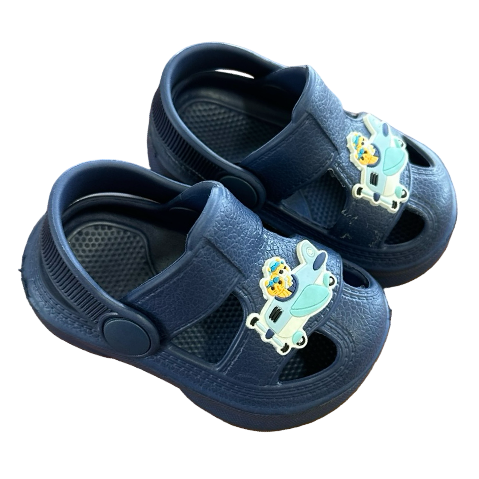 Size 2 Blue Crocs Style Shoes with Flying Animals