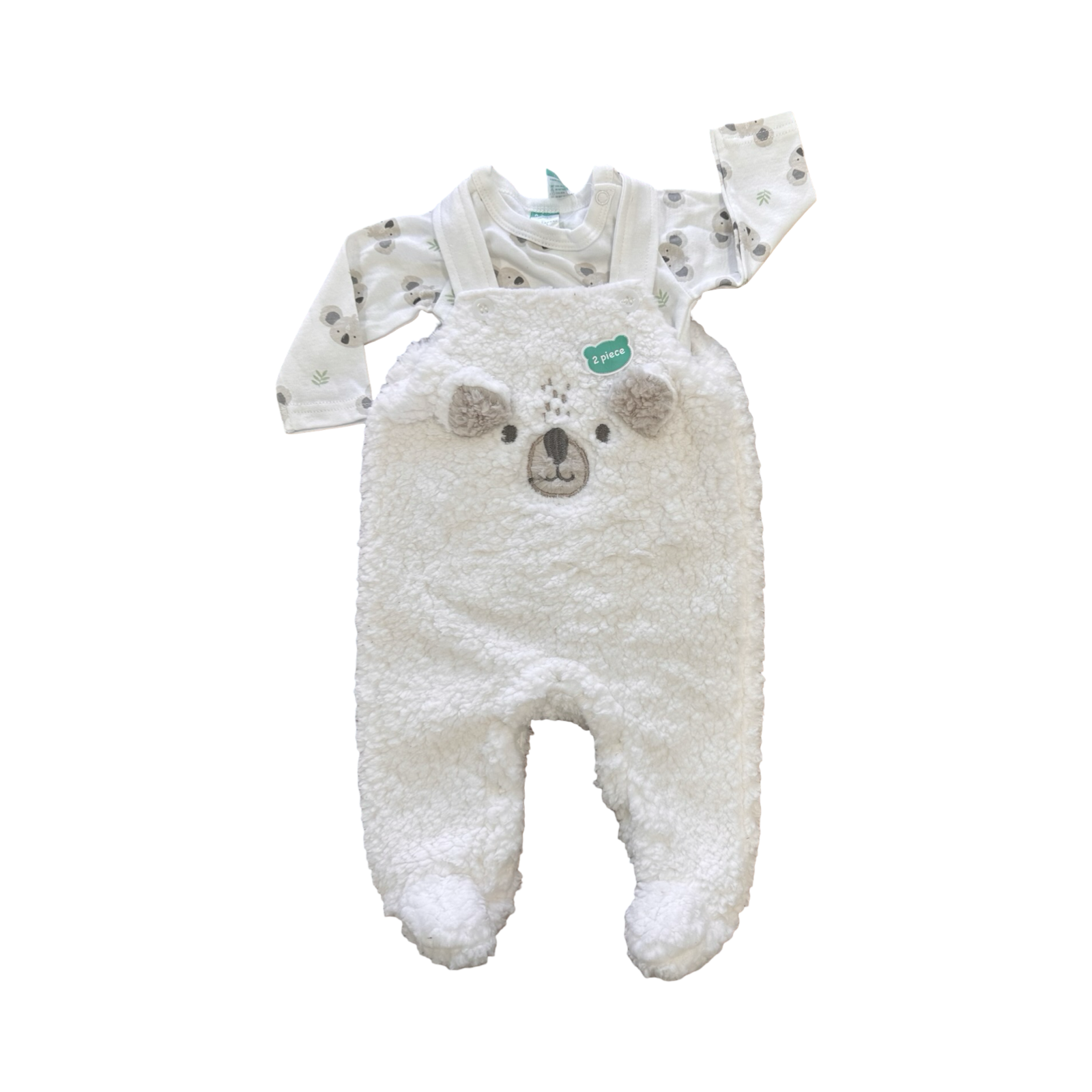 *NEW* 0-3M White Koala Fleece 2pc Winter Dungaree Set - Ackermans