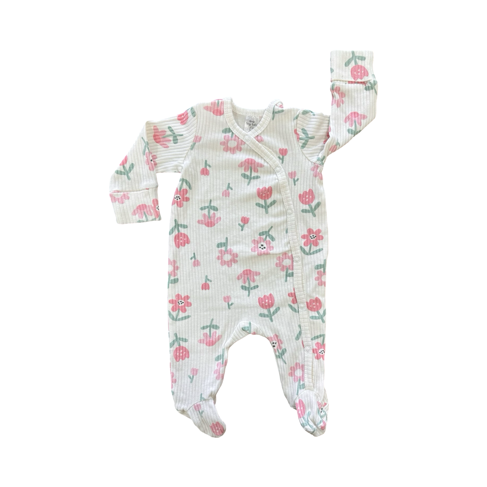 Newborn White & Pink Floral Ribbed Side Snapper Babygrow - Tiny Tots