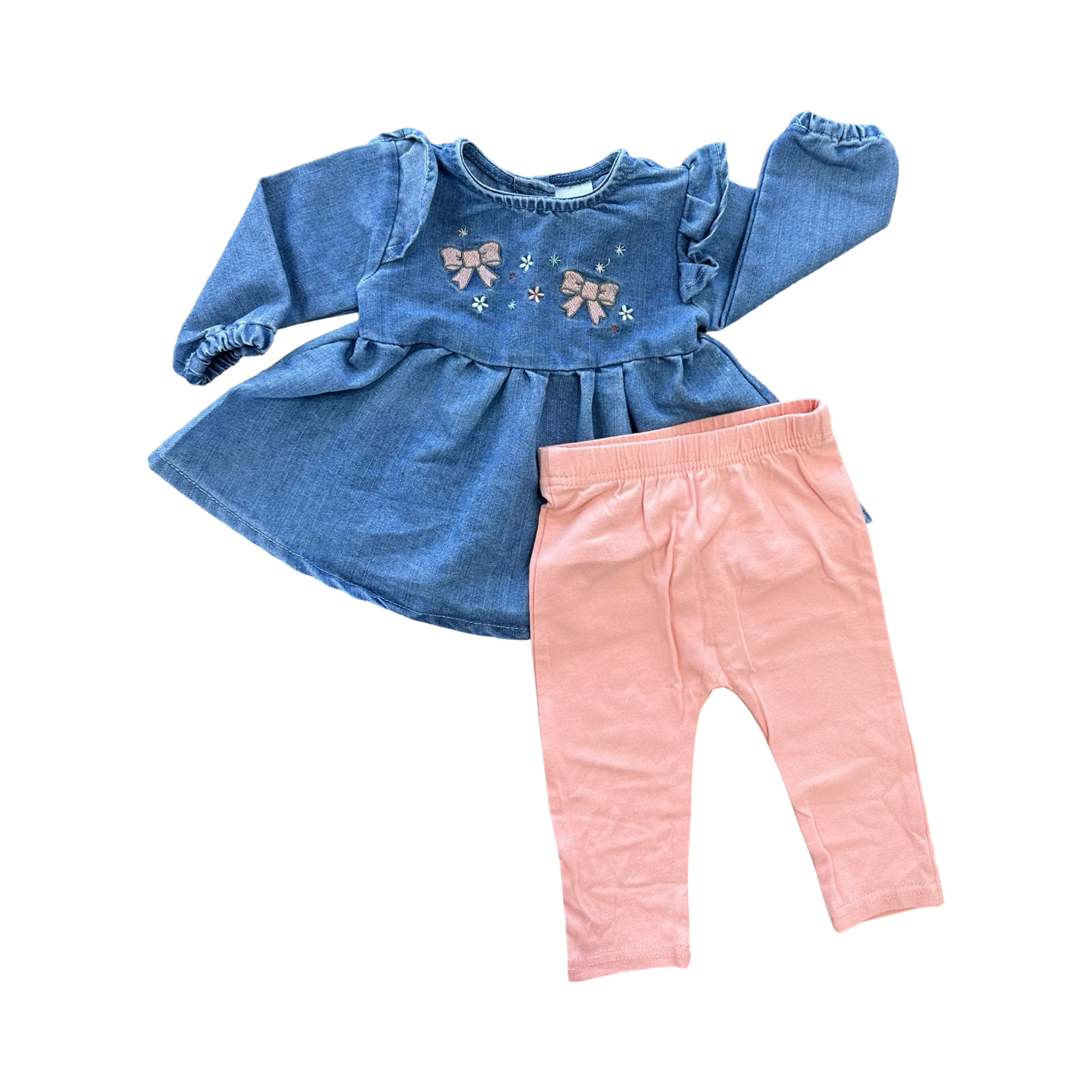 3-6M 2pc Denim Dress with Embroidery Detail & Peach Leggings - Clicks