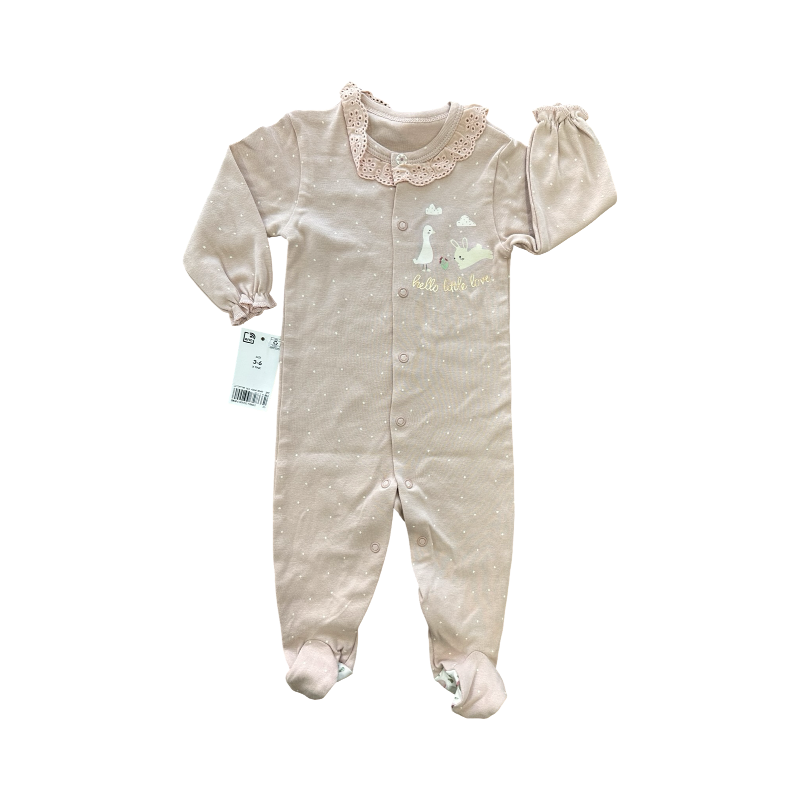 *NEW* 3-6M Dusty Pink "Hello Little Love" Snapper Babygrow with Cotton Lace Detail - Woolworths