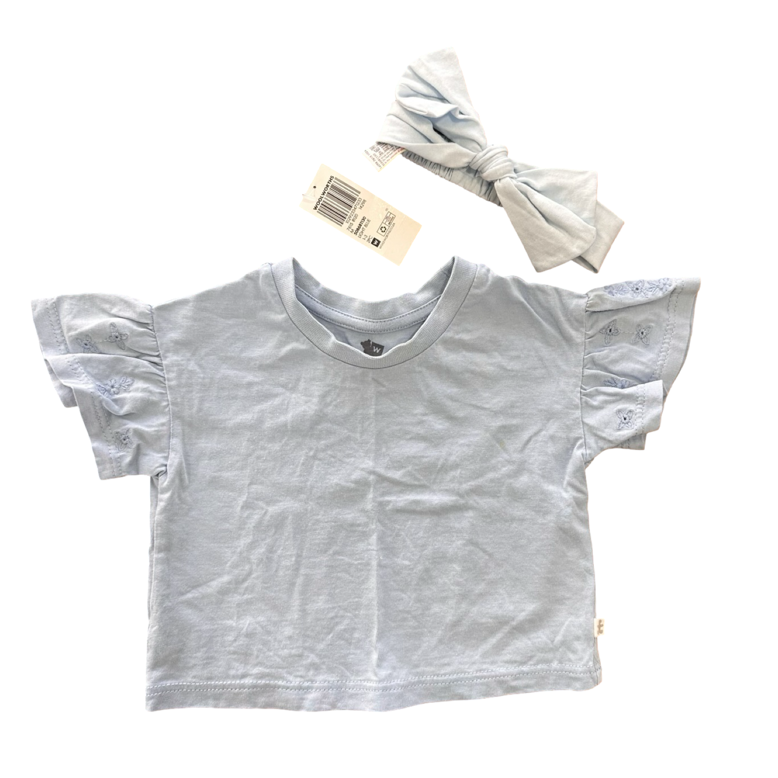 *NEW* 1-3M Blue Cotton Top with Lace Detail Sleeves & Headband - Woolworths